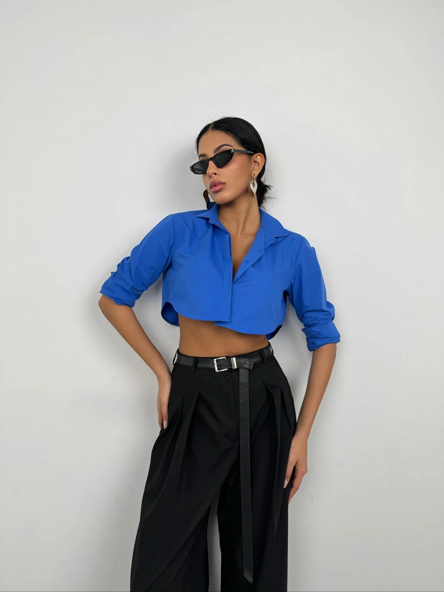 Cobalt Blue Cuff Detail Crop Shirt