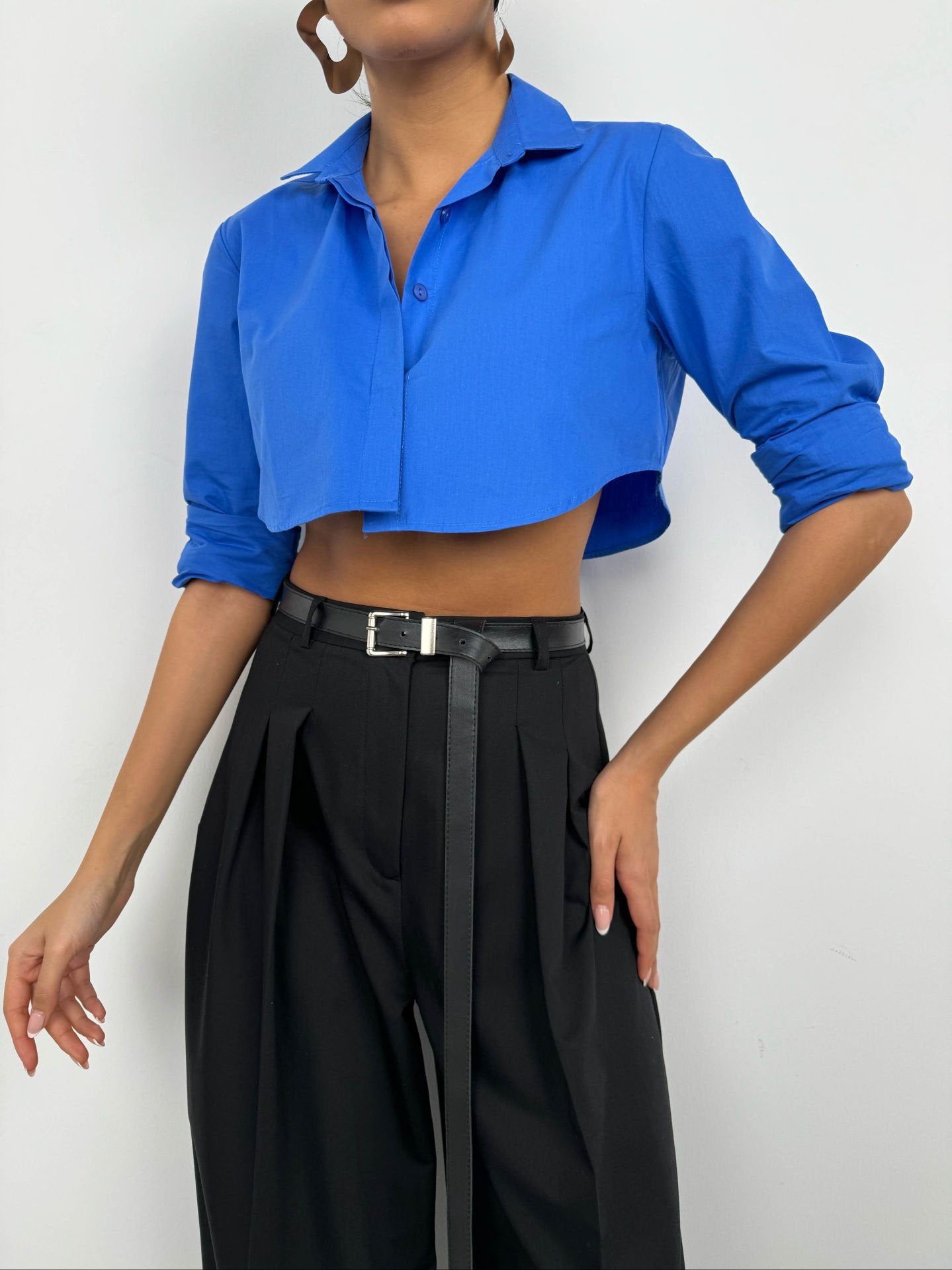 Cobalt Blue Cuff Detail Crop Shirt