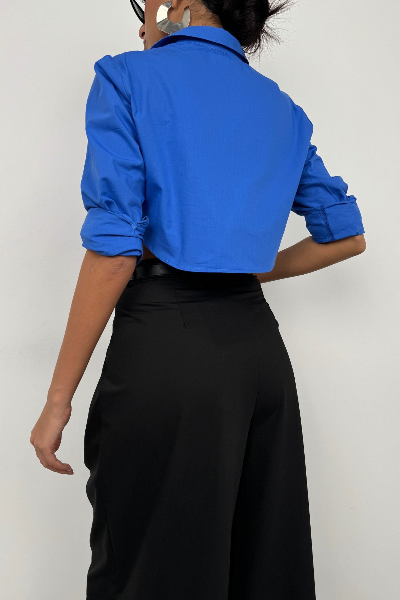 Cobalt Blue Cuff Detail Crop Shirt