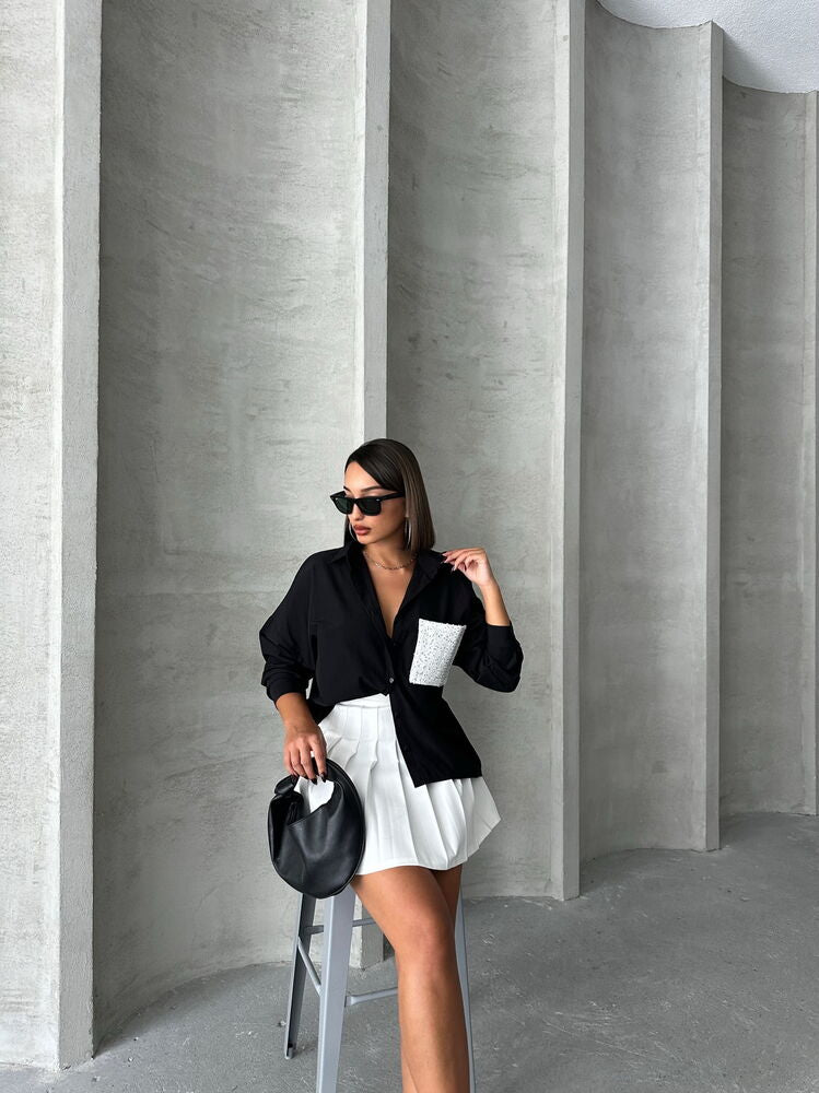 Black Sequin Denim Shirt with Pocket Details