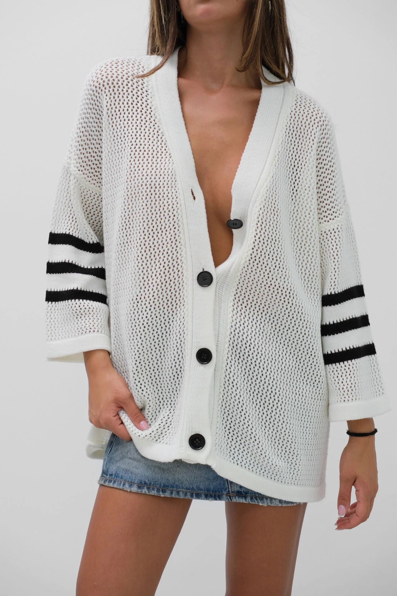Back Printed Ajour White Cardigan