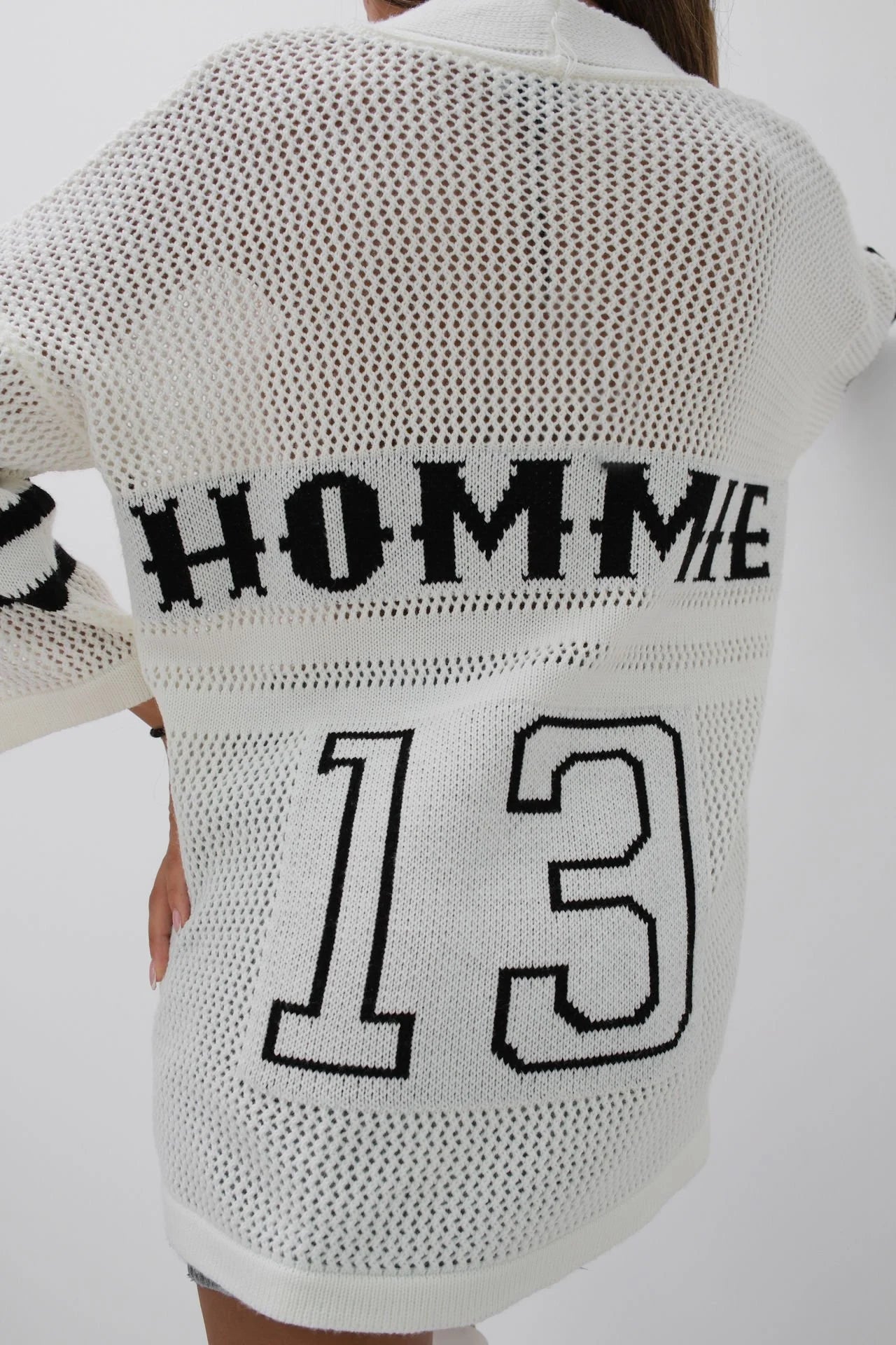 Back Printed Ajour White Cardigan