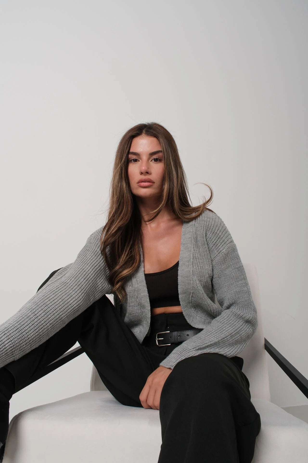 Piped Crop Grey Knit Cardigan