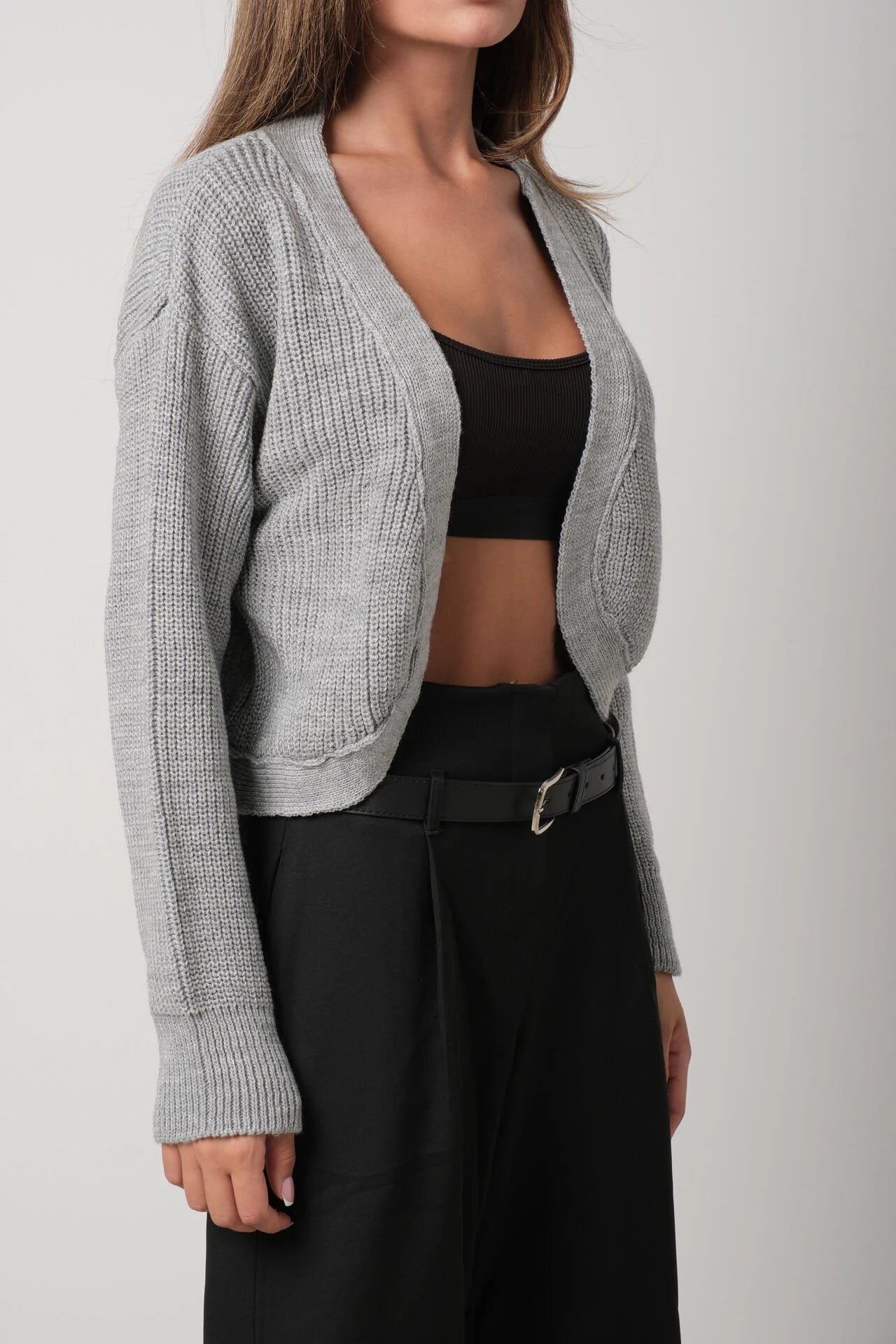 Piped Crop Grey Knit Cardigan