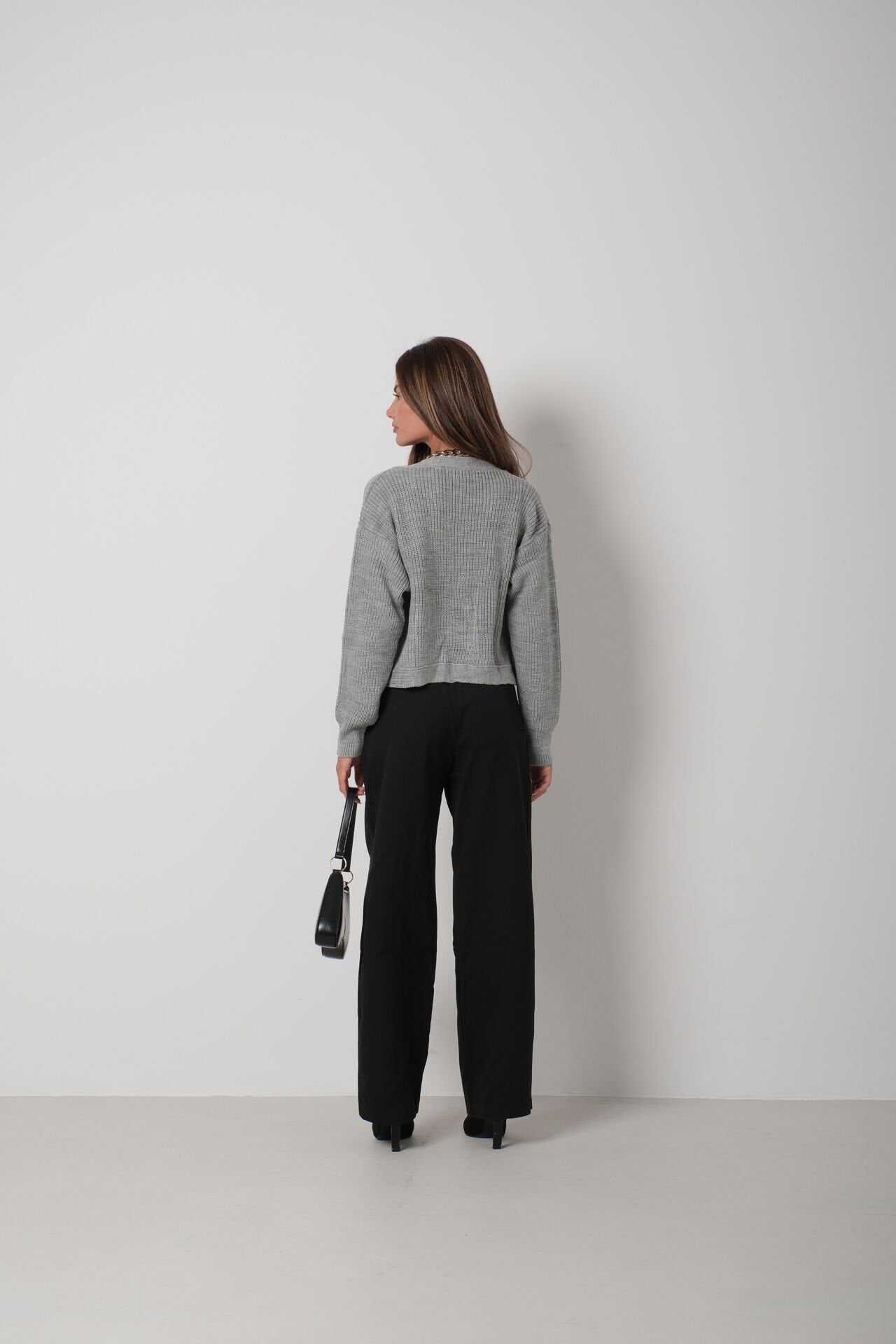 Piped Crop Grey Knit Cardigan