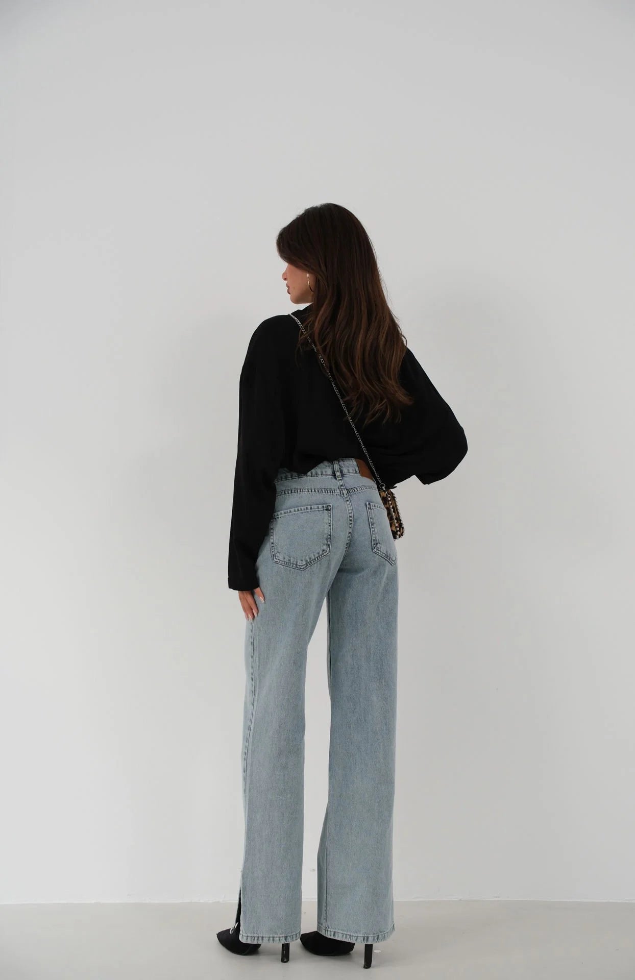 Asymmetric Belted Hem Blue Split Jeans