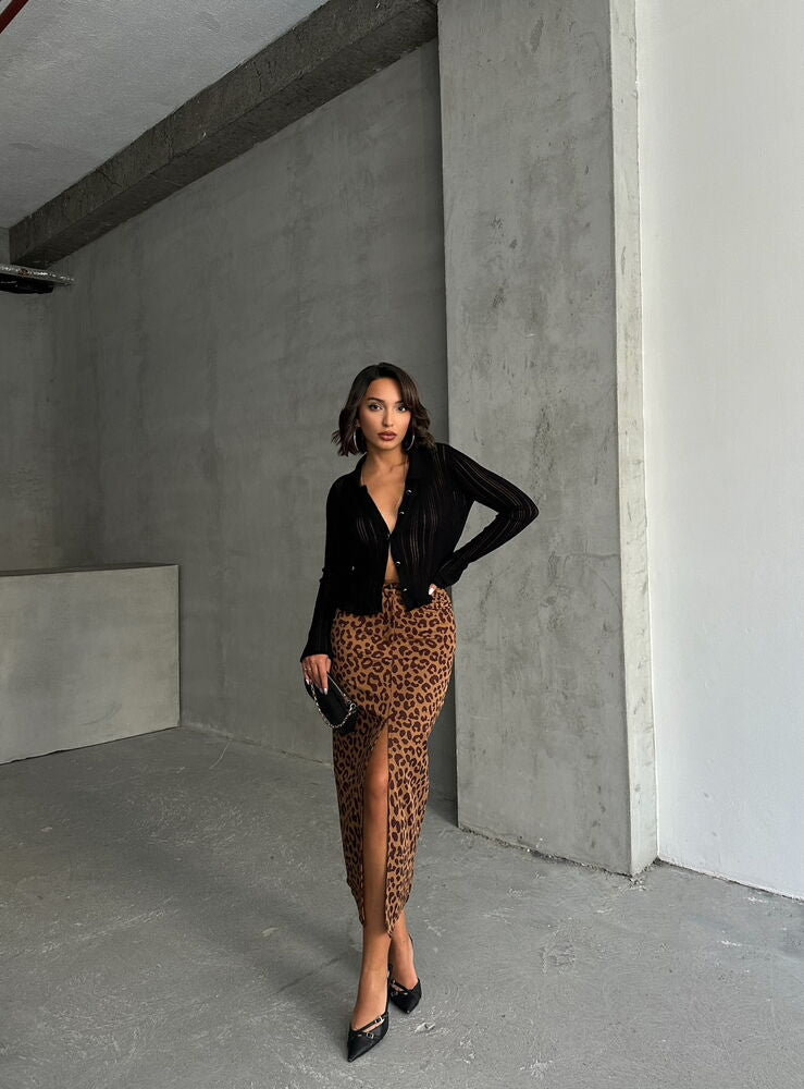 Camel Brown Leopard Print Skirt