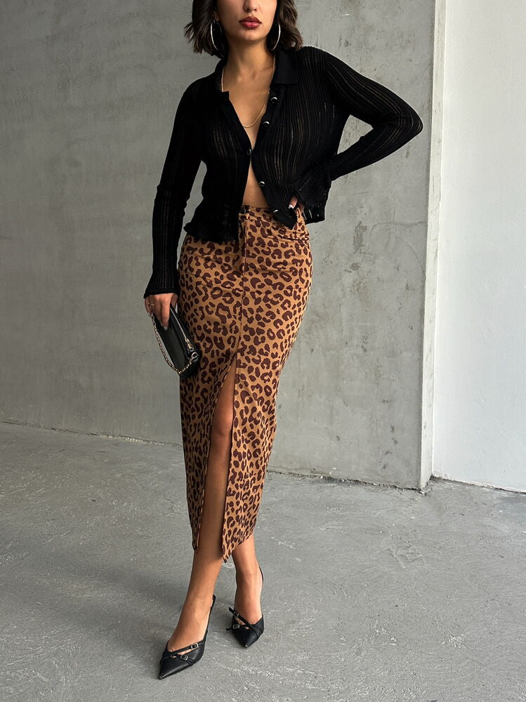 Camel Brown Leopard Print Skirt