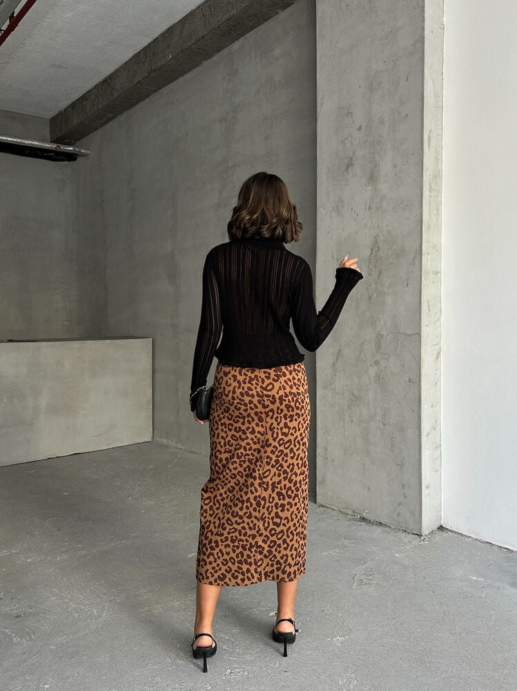 Camel Brown Leopard Print Skirt