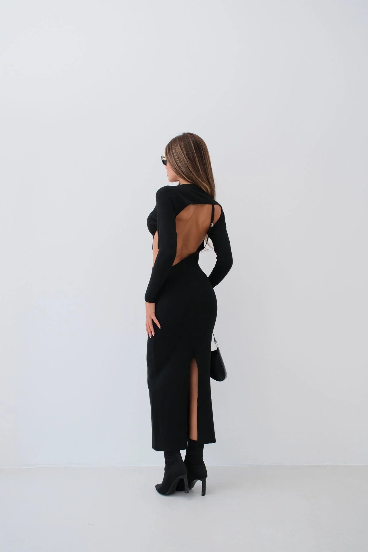 Black Backless Dress with Crew Neck