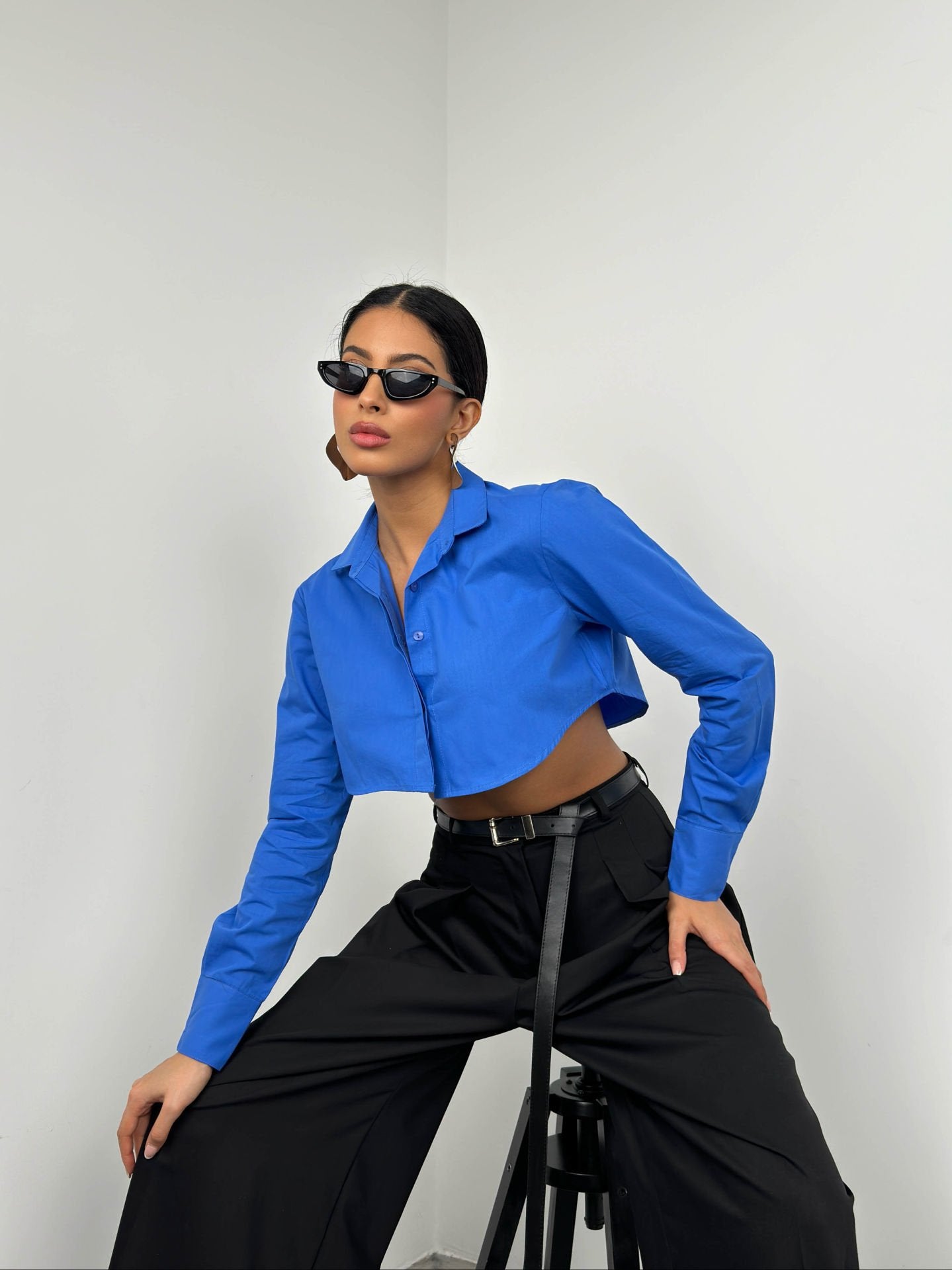 Cobalt Blue Cuff Detail Crop Shirt