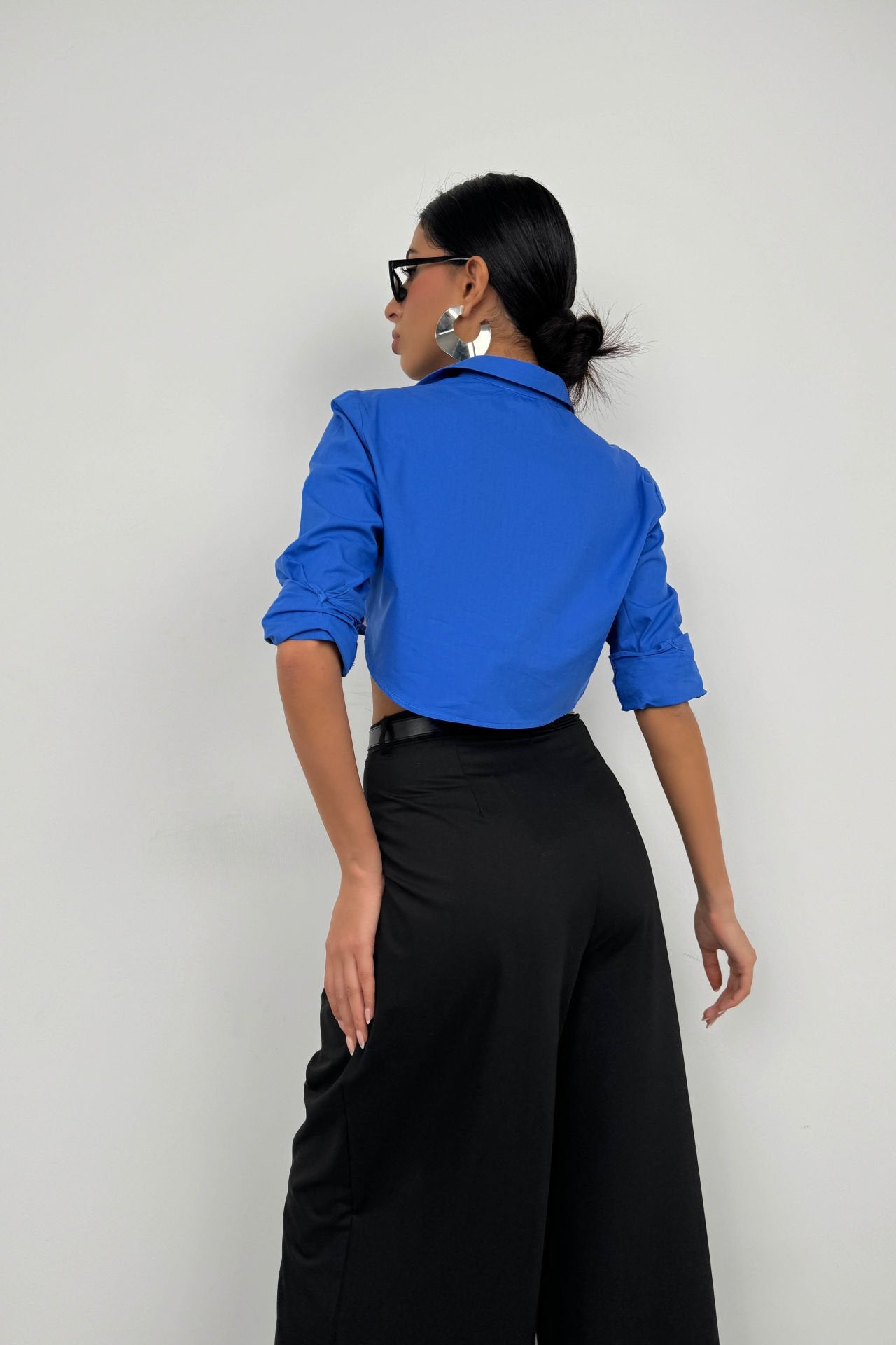 Cobalt Blue Cuff Detail Crop Shirt