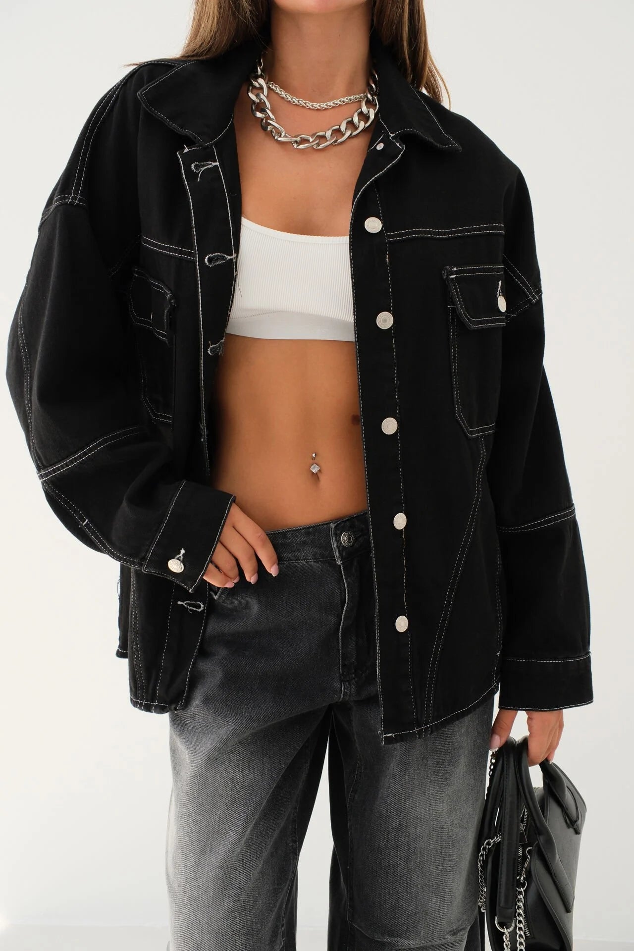 Black Oversized Denim Jacket with Stitch Details