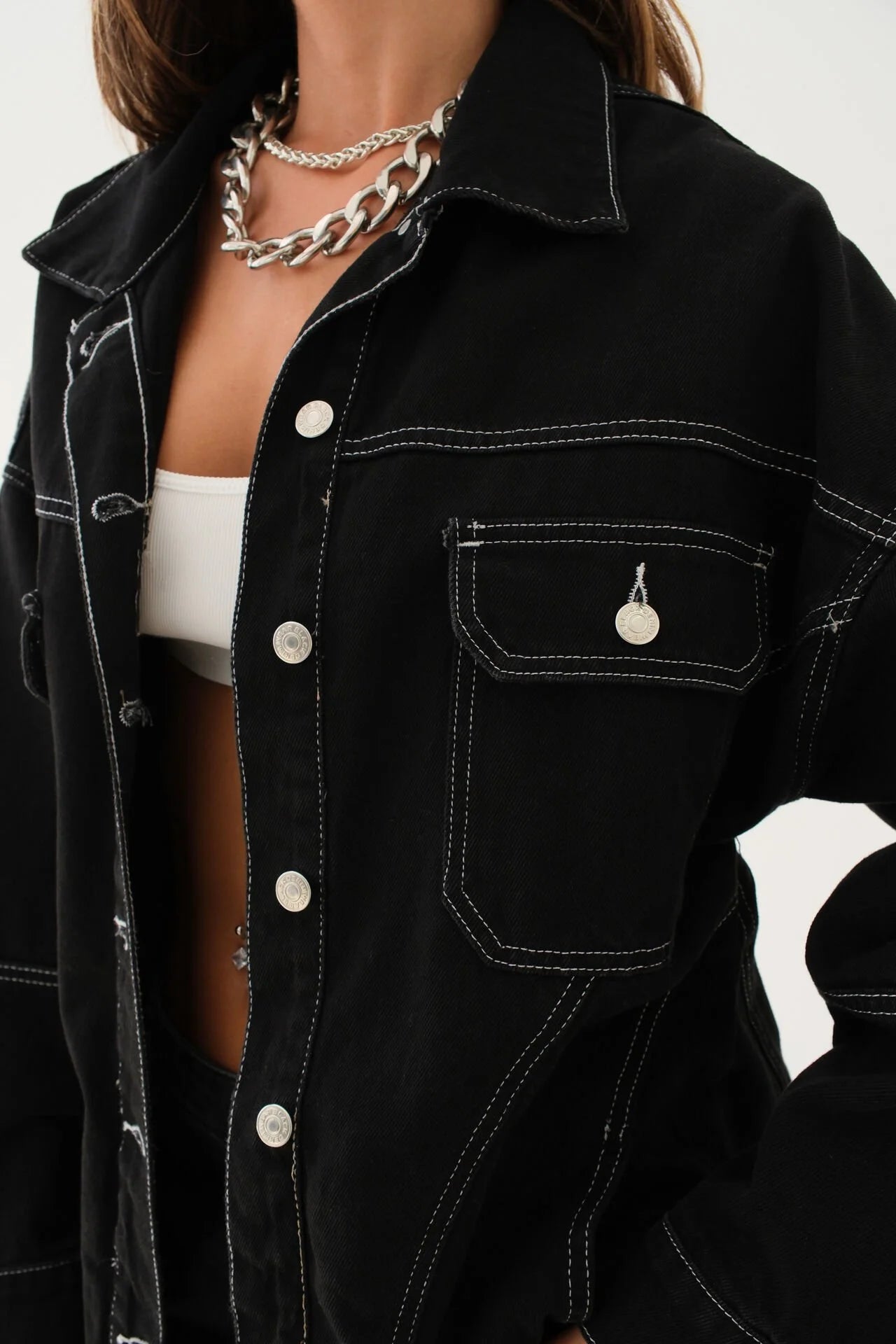 Black Oversized Denim Jacket with Stitch Details