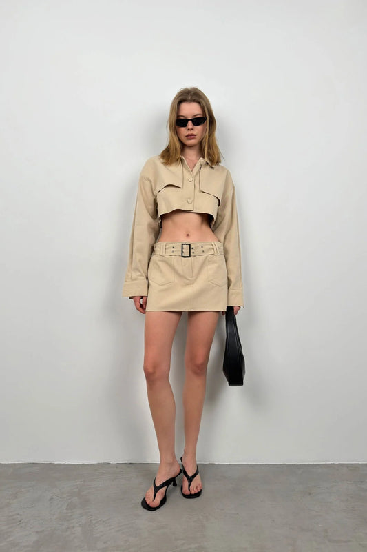 Beige Crop Jacket with Button Details