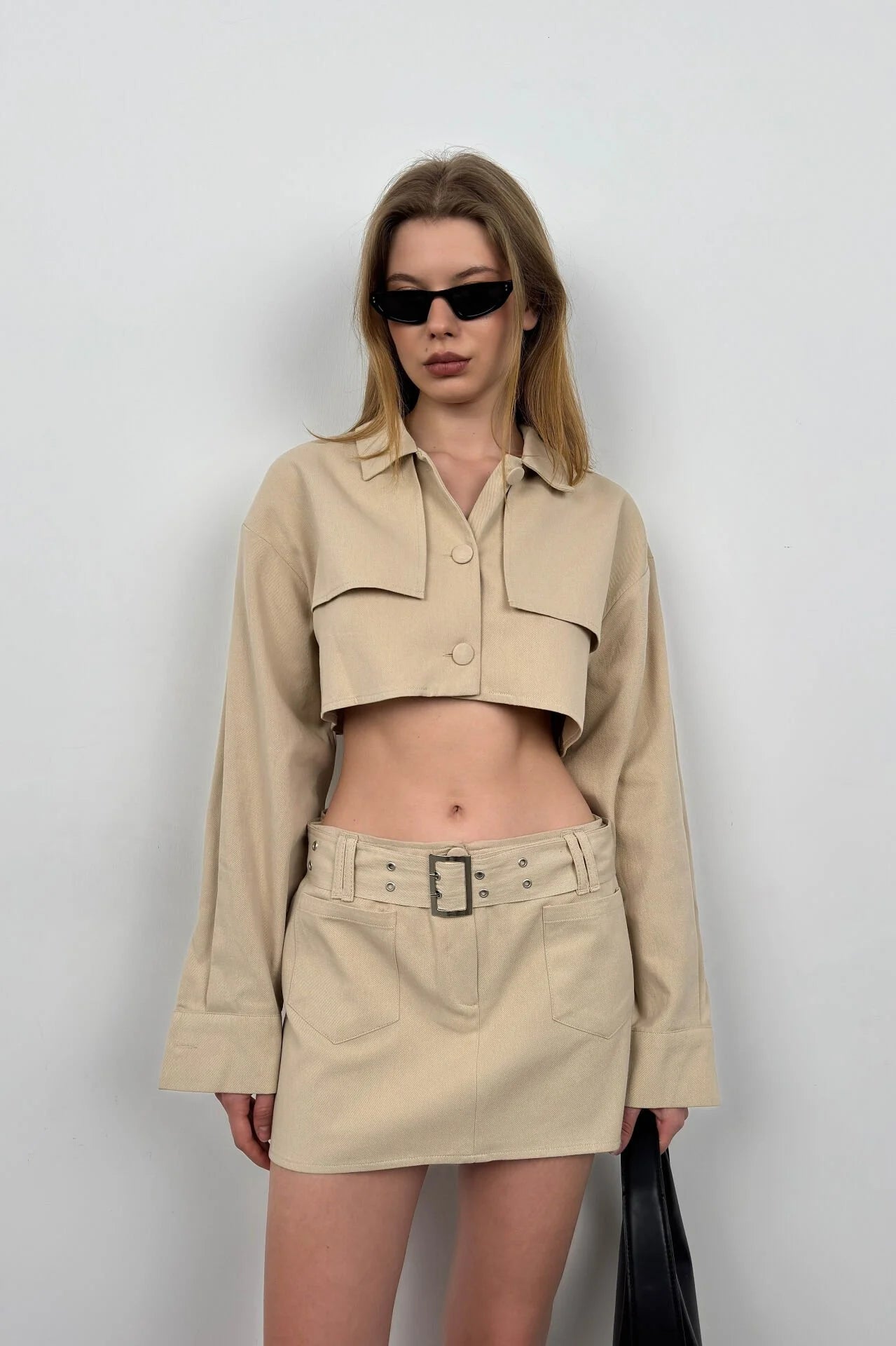 Beige Crop Jacket with Button Details