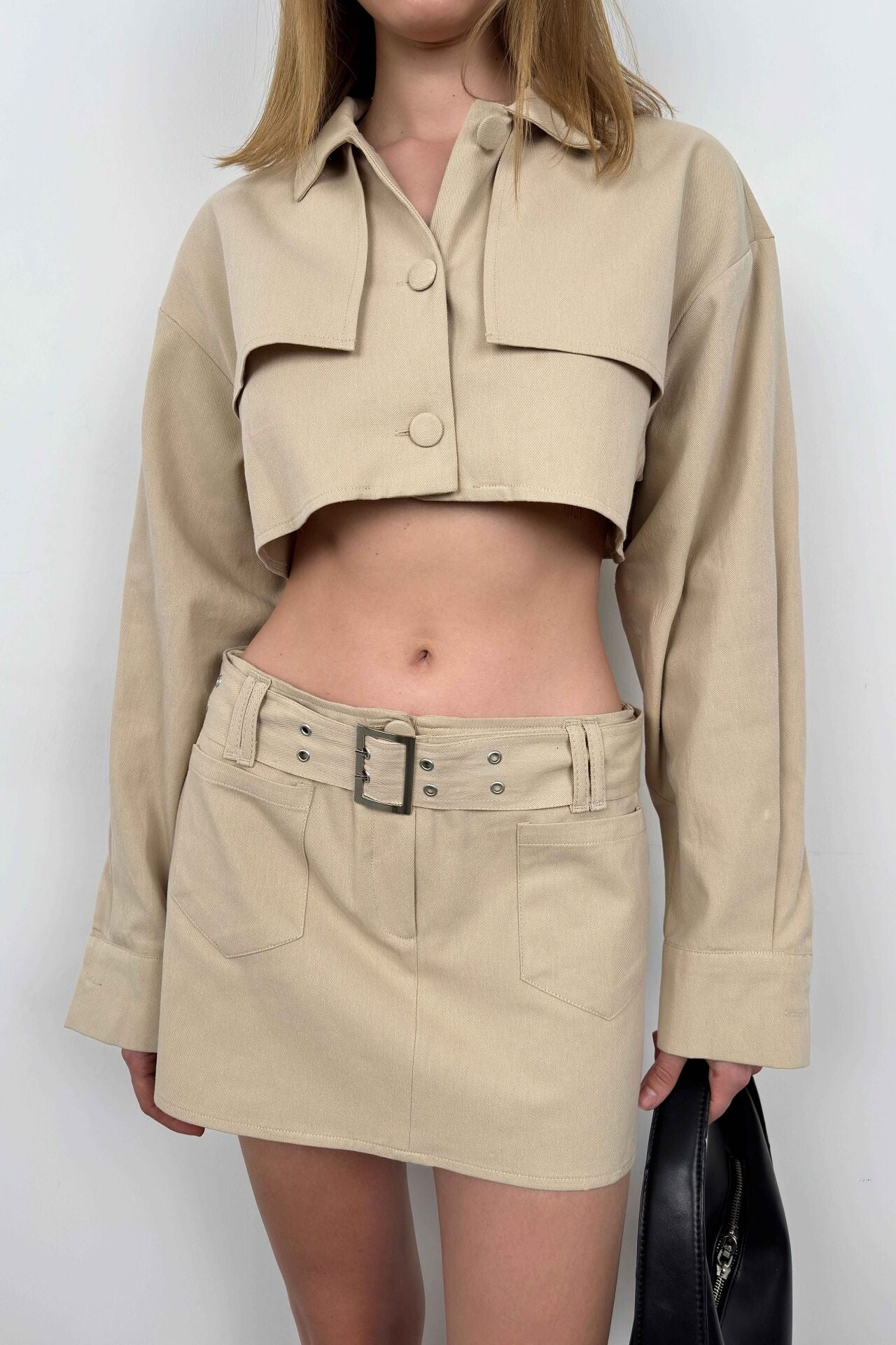 Beige Crop Jacket with Button Details