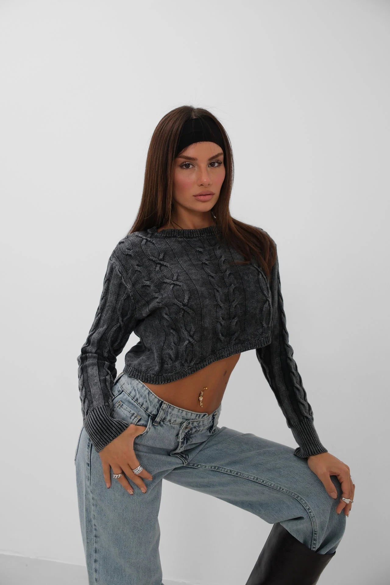 Knitted Detail Asymmetric Distressed Grey Knit Sweater