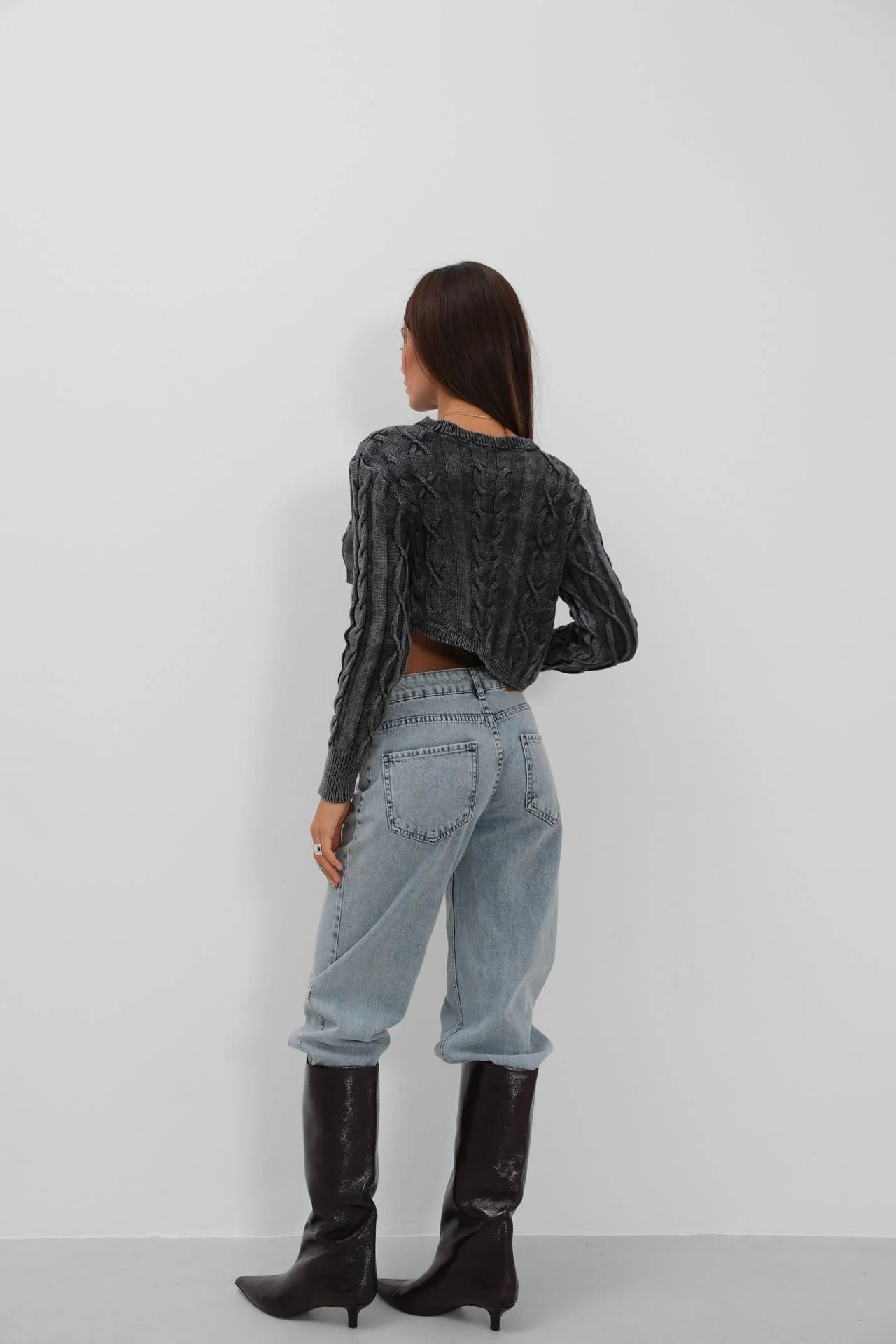 Knitted Detail Asymmetric Distressed Grey Knit Sweater