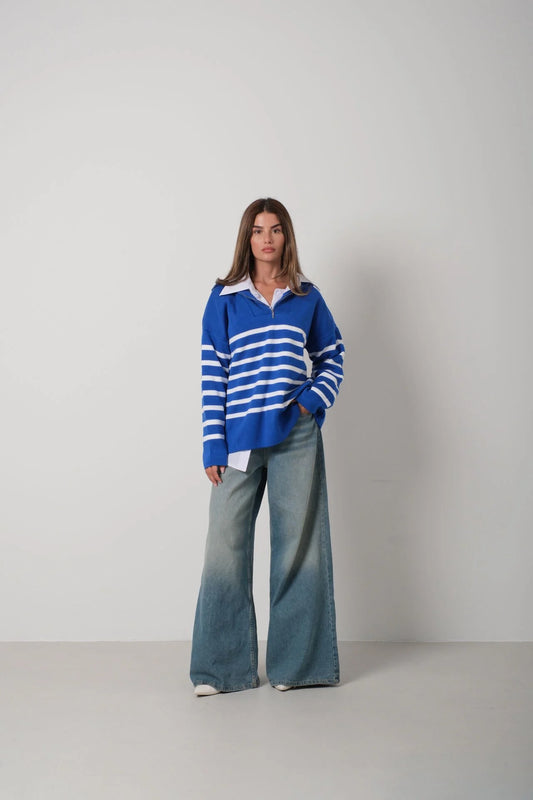 Striped Zippered Cobalt Knit Sweater