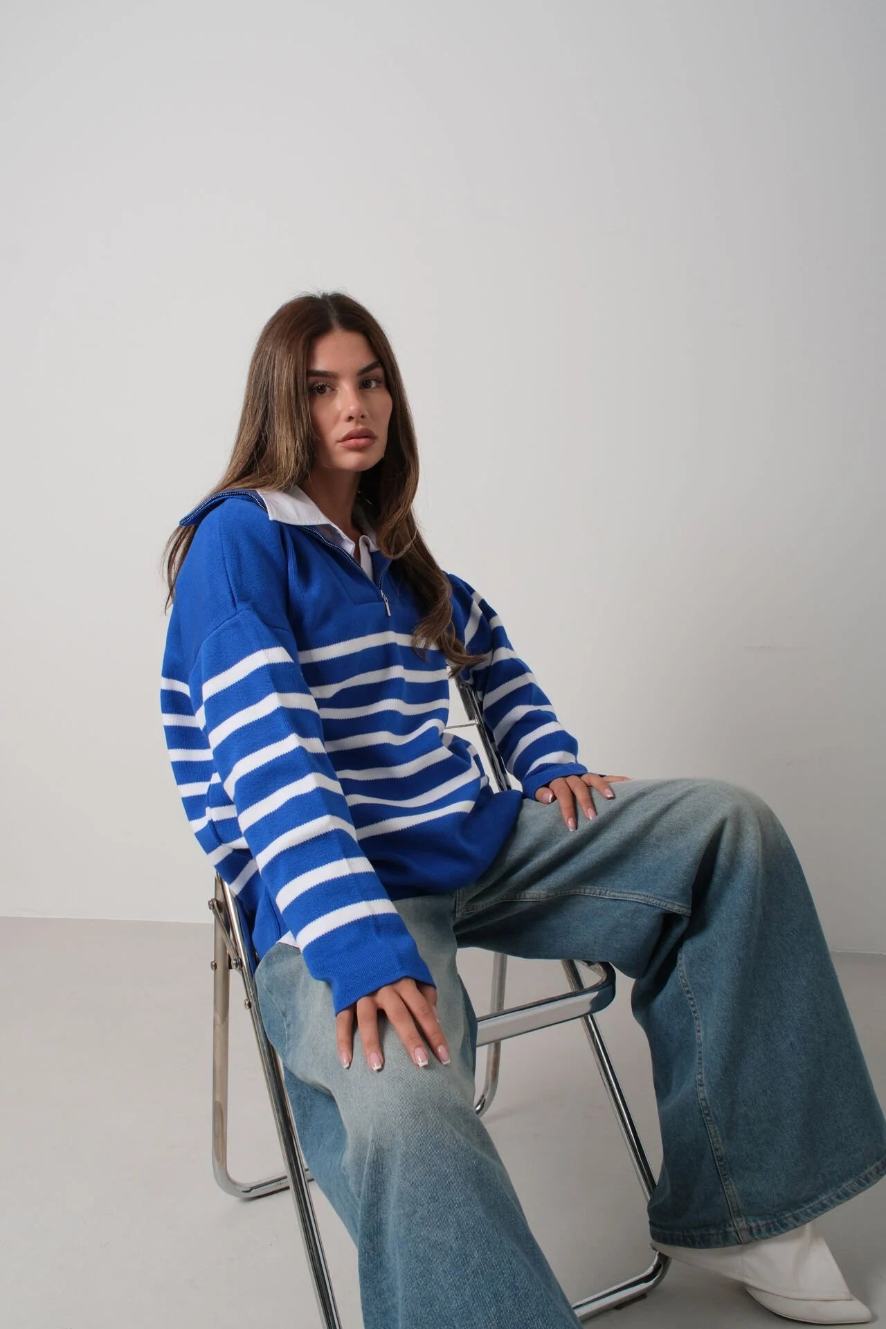 Striped Zippered Cobalt Knit Sweater