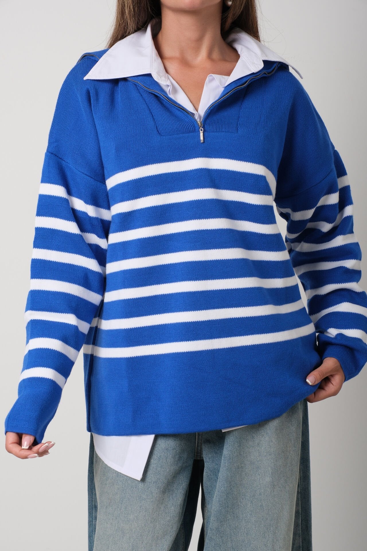 Striped Zippered Cobalt Knit Sweater