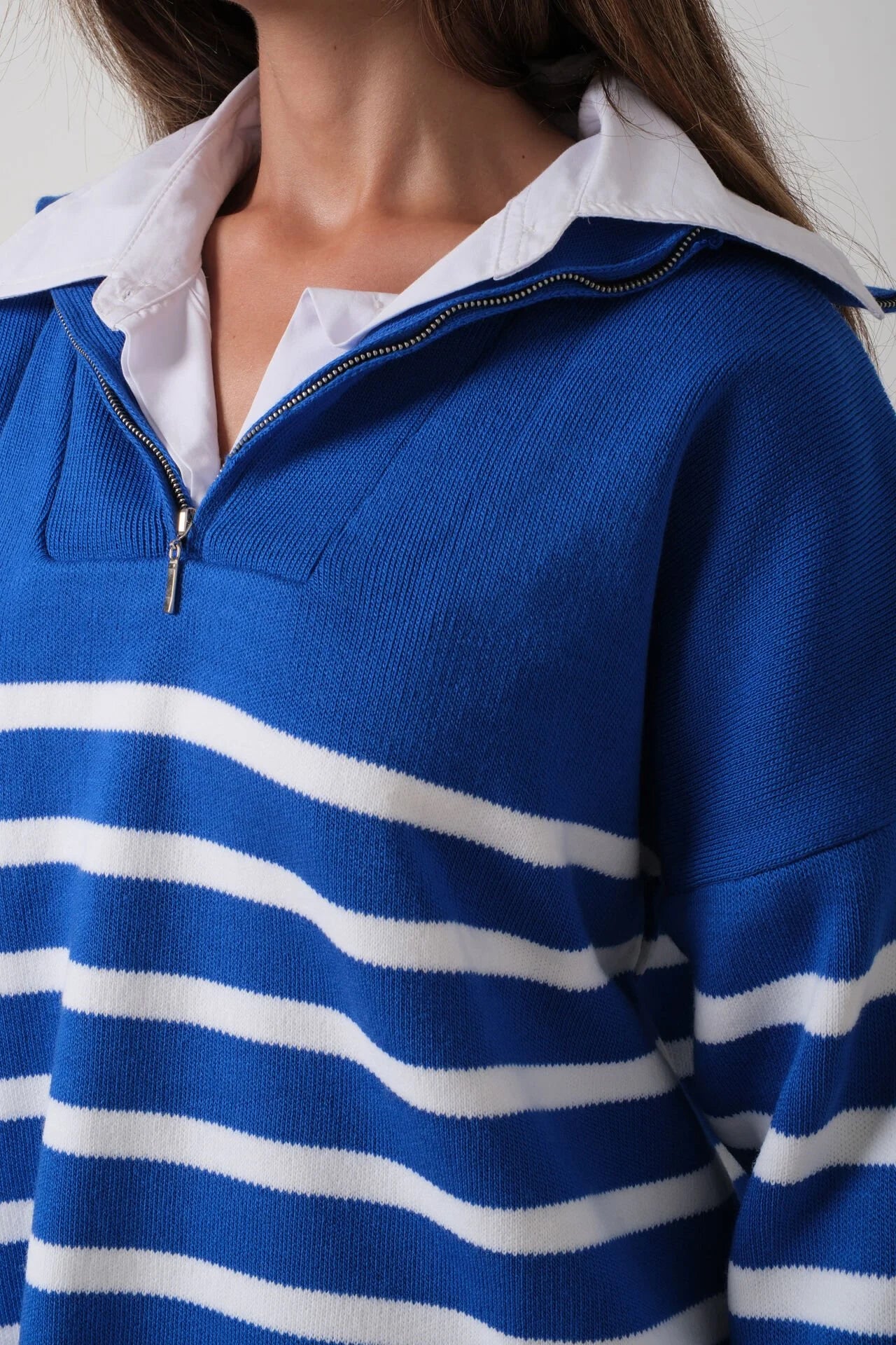 Striped Zippered Cobalt Knit Sweater