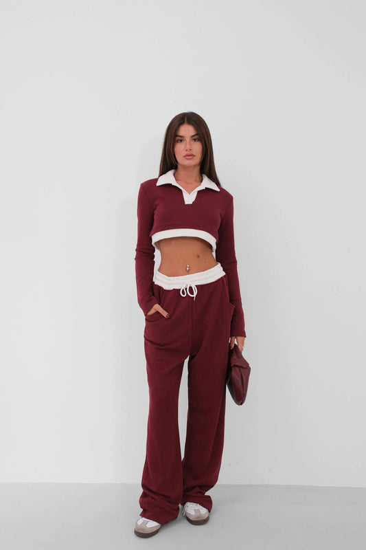 Polo Collar Contrast Trim Crop Burgundy Sweatshirt