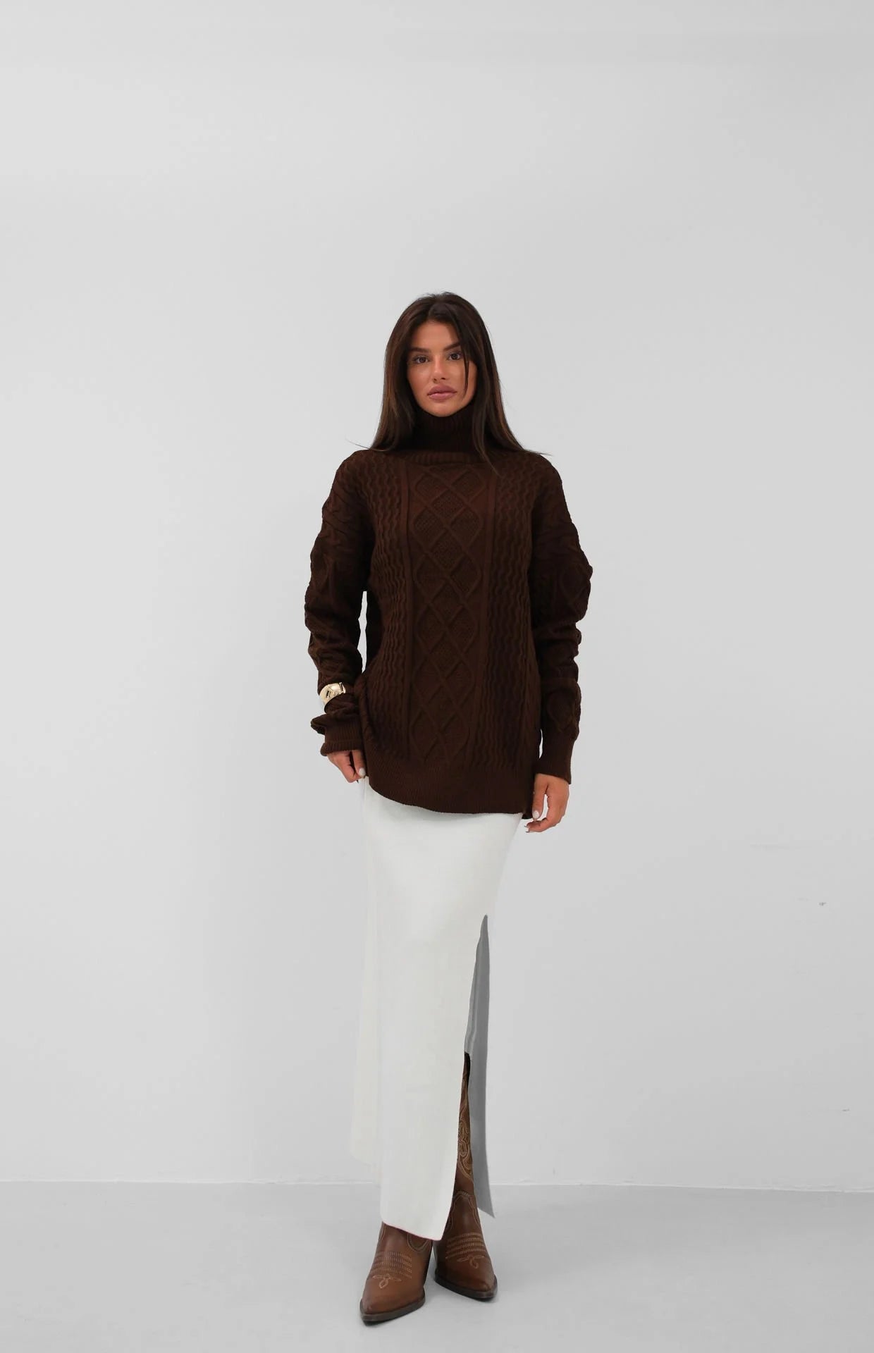 Oversized Turtleneck Brown Knit Sweater