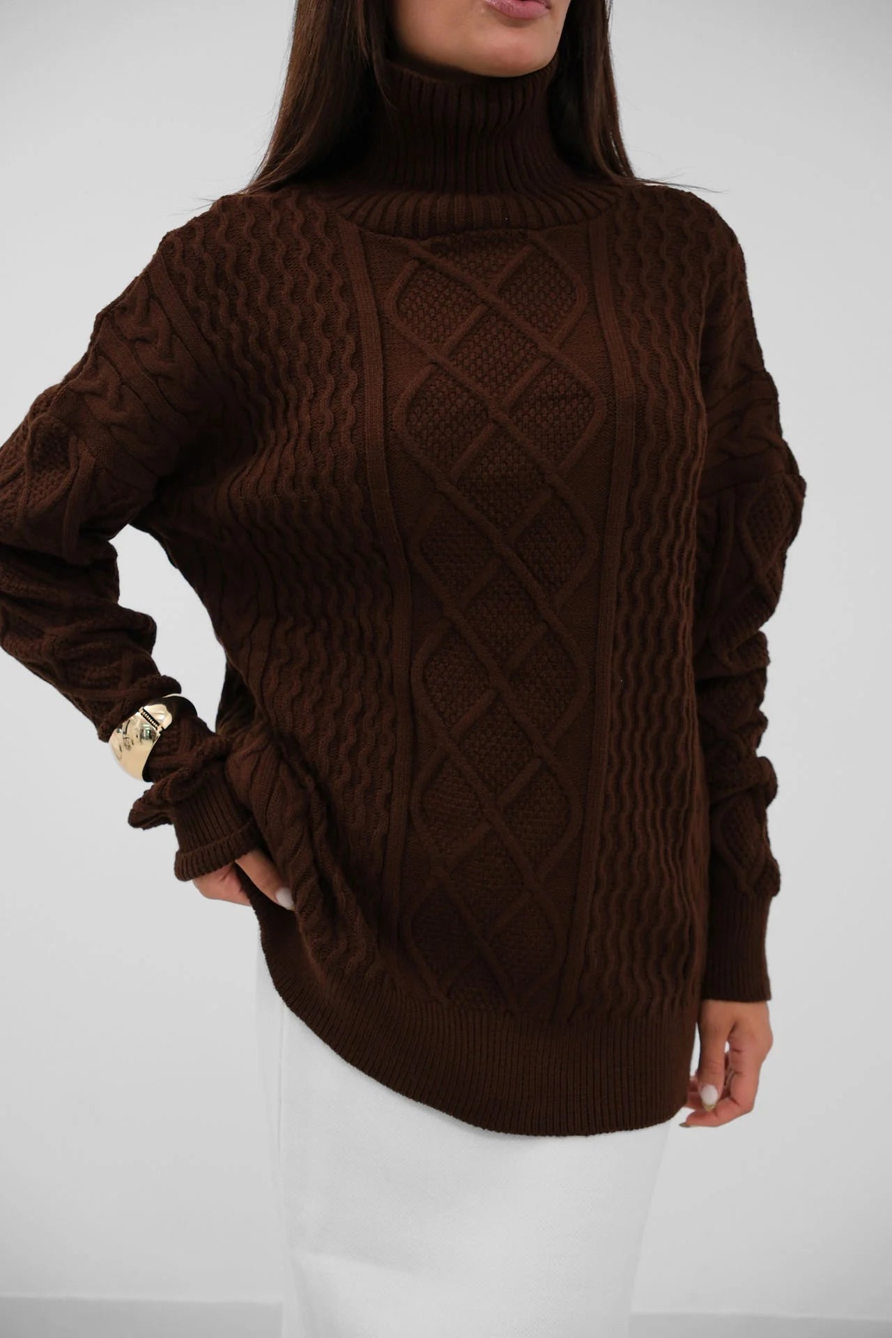 Oversized Turtleneck Brown Knit Sweater