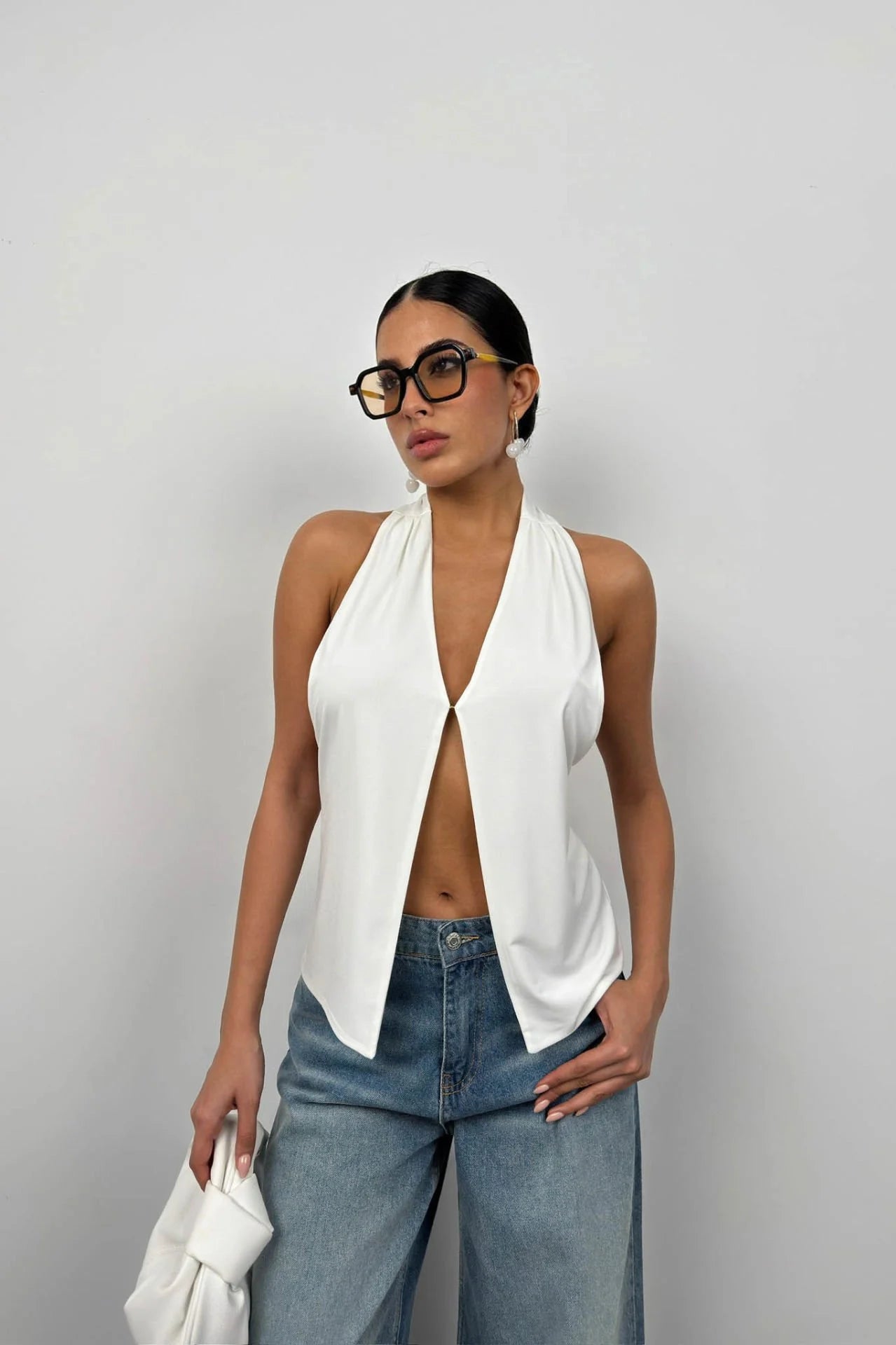 V-Neck Back Cutout Off-White Blouse