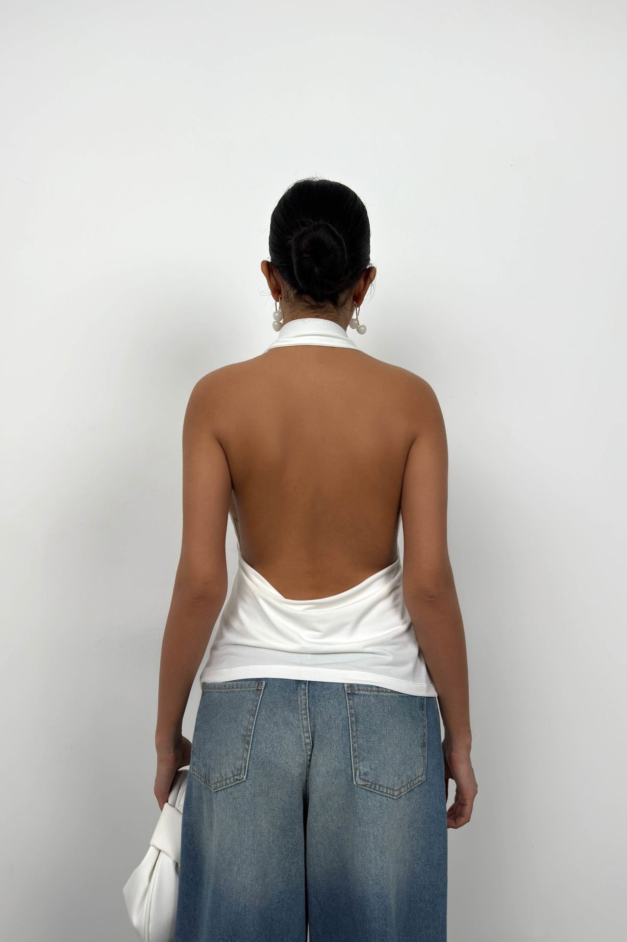 V-Neck Back Cutout Off-White Blouse