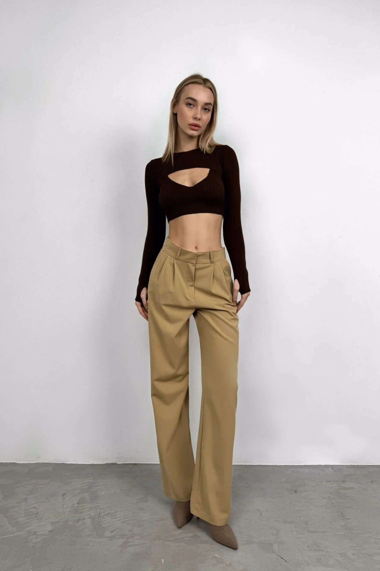 Folded Waist Light Beige Palazzo Pants