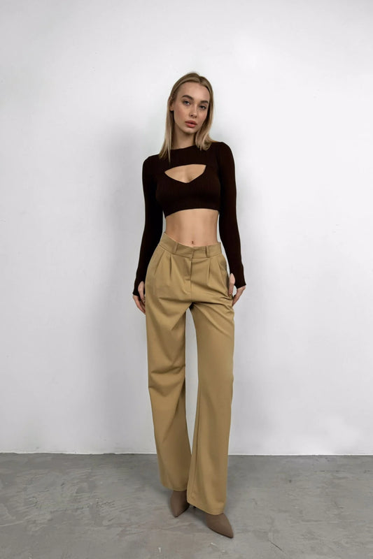 Folded Waist Light Beige Palazzo Pants