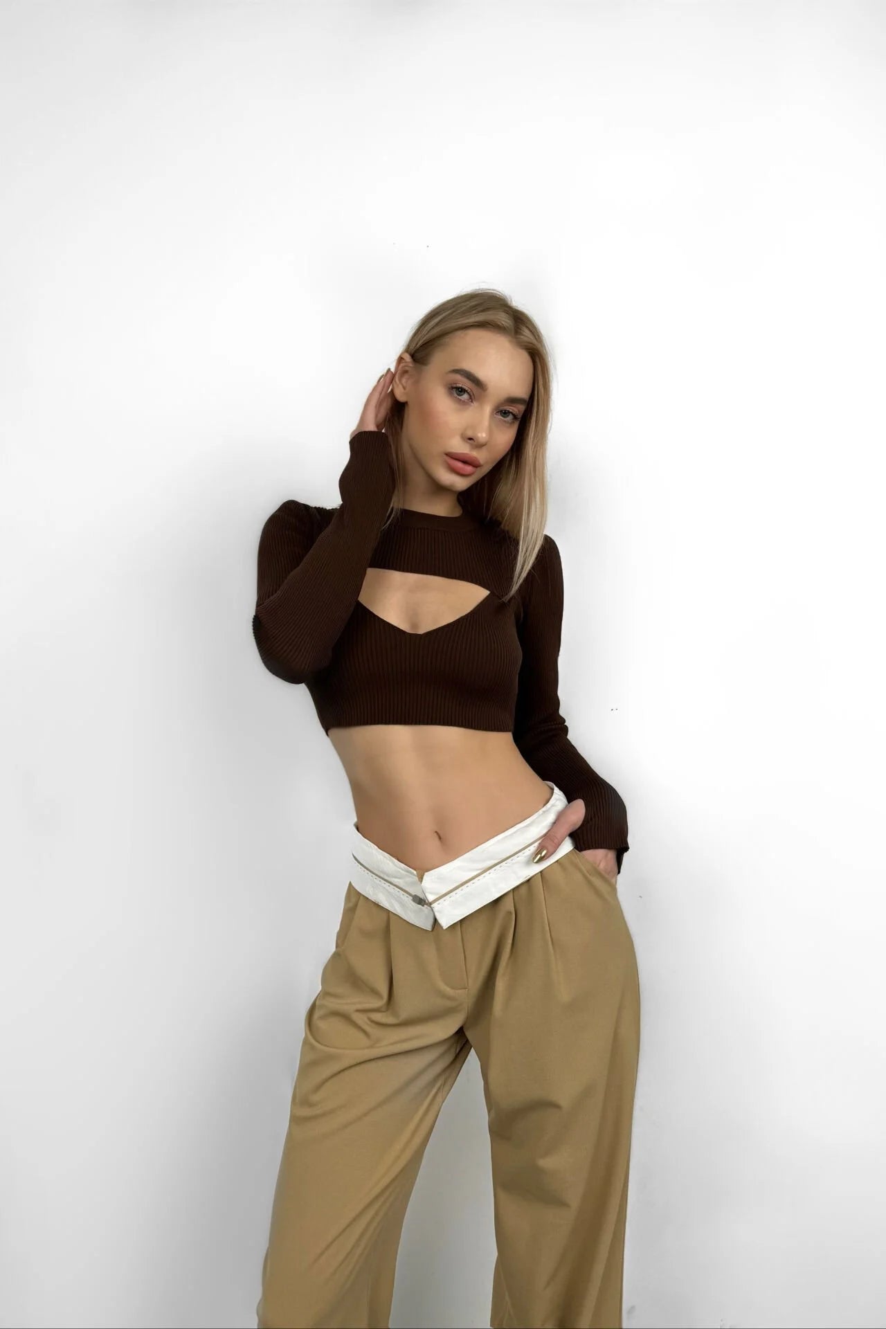 Folded Waist Light Beige Palazzo Pants