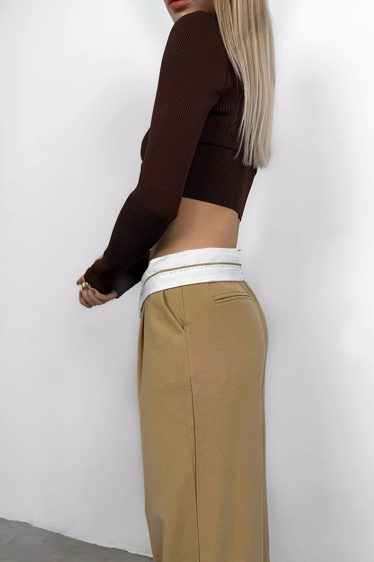 Folded Waist Light Beige Palazzo Pants