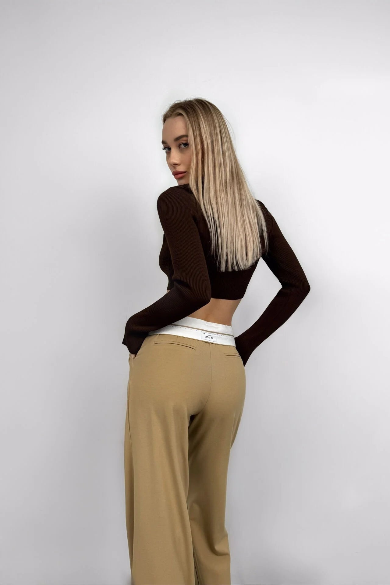 Folded Waist Light Beige Palazzo Pants