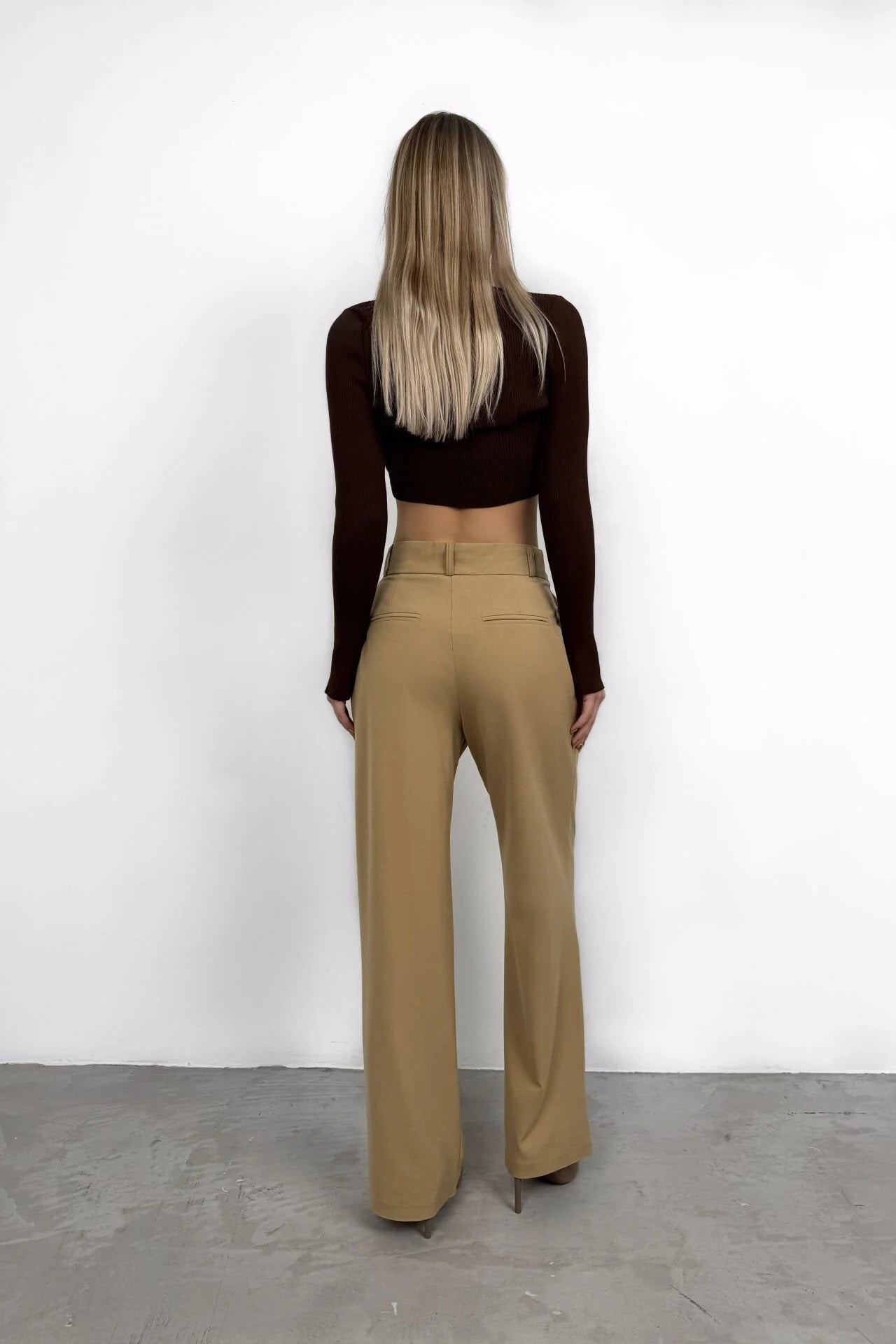 Folded Waist Light Beige Palazzo Pants