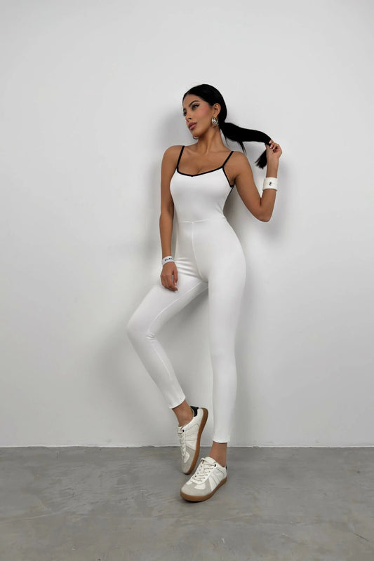 Piping detail white sporty jumpsuit.