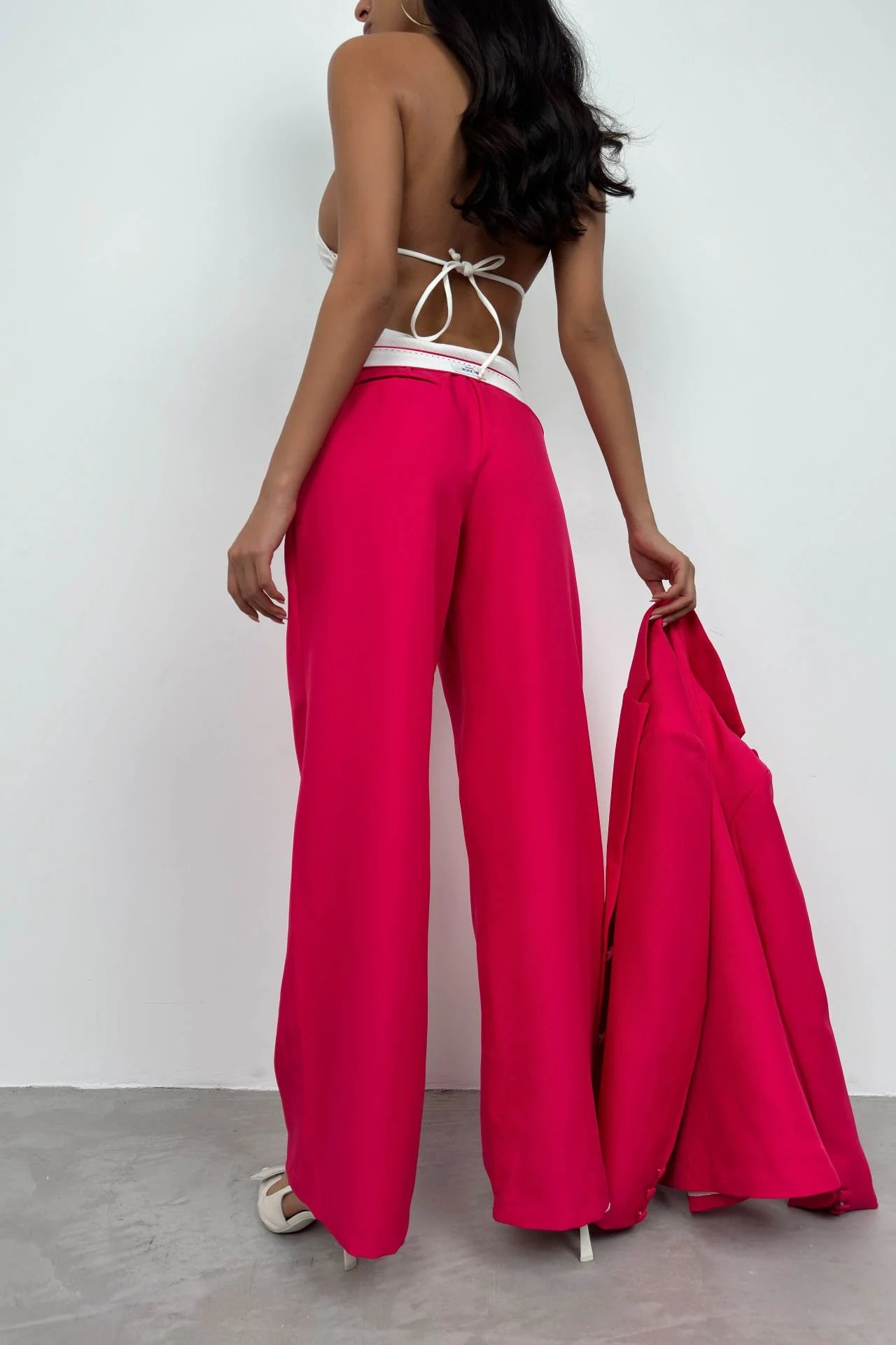 Folded waist fuchsia pants and blazer jacket set.