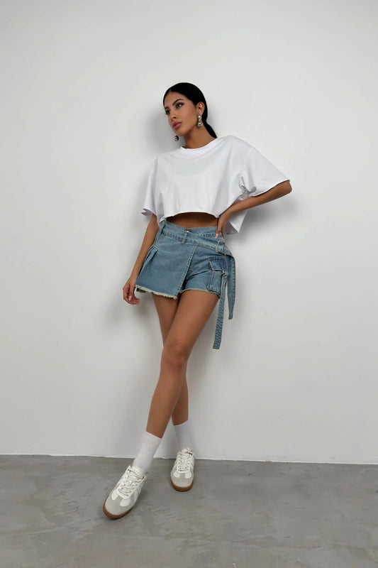 Cargo Pocket, Belt Detail, Blue Denim Shorts Skirt