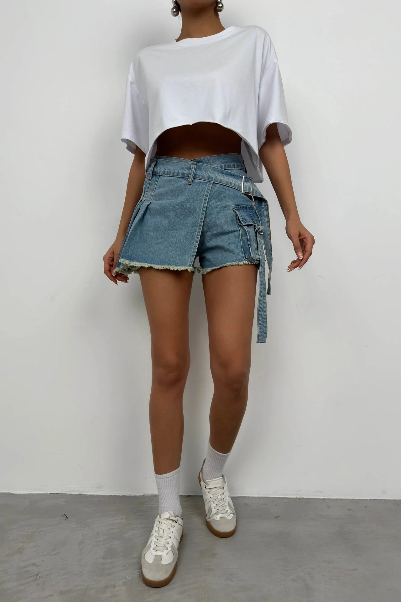 Cargo Pocket, Belt Detail, Blue Denim Shorts Skirt