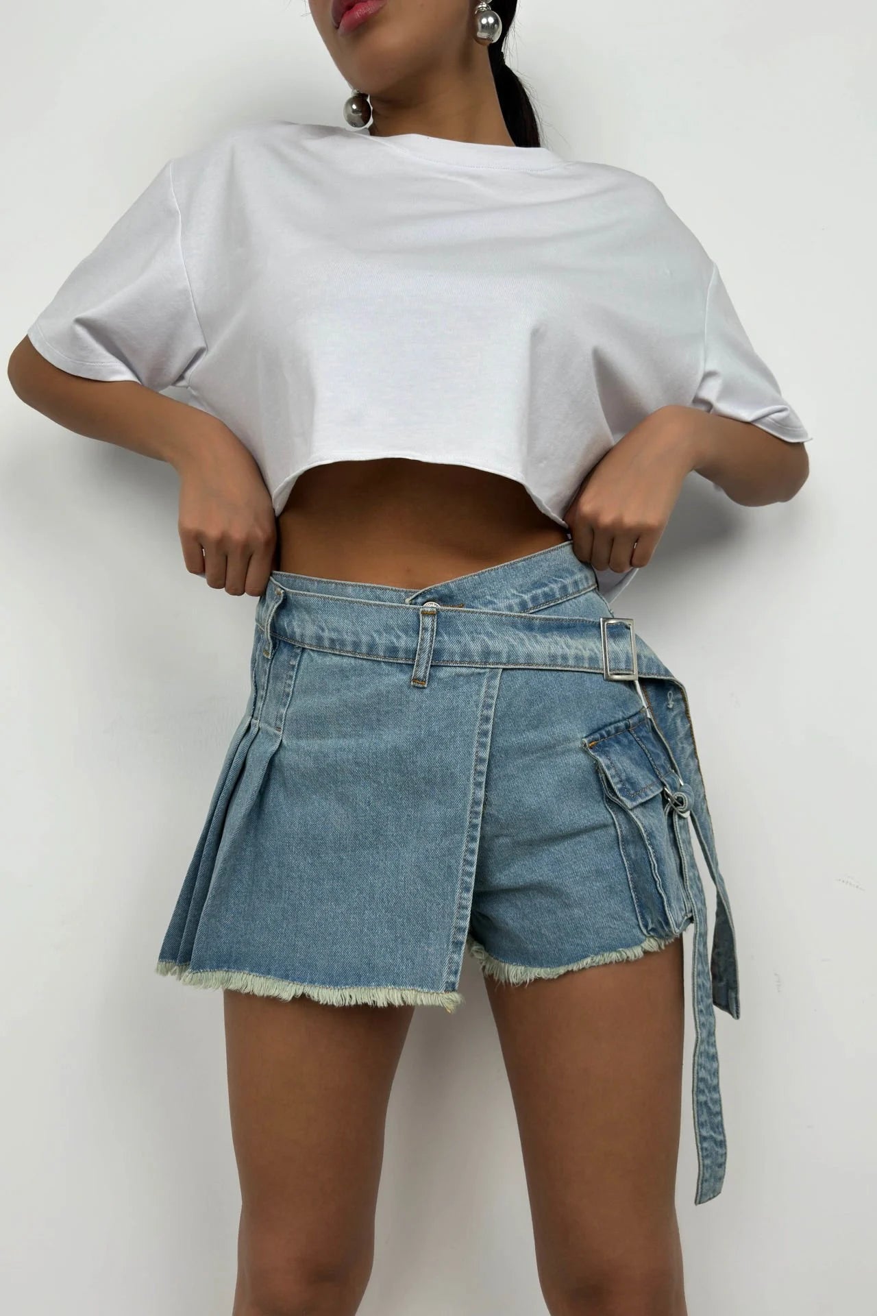 Cargo Pocket, Belt Detail, Blue Denim Shorts Skirt