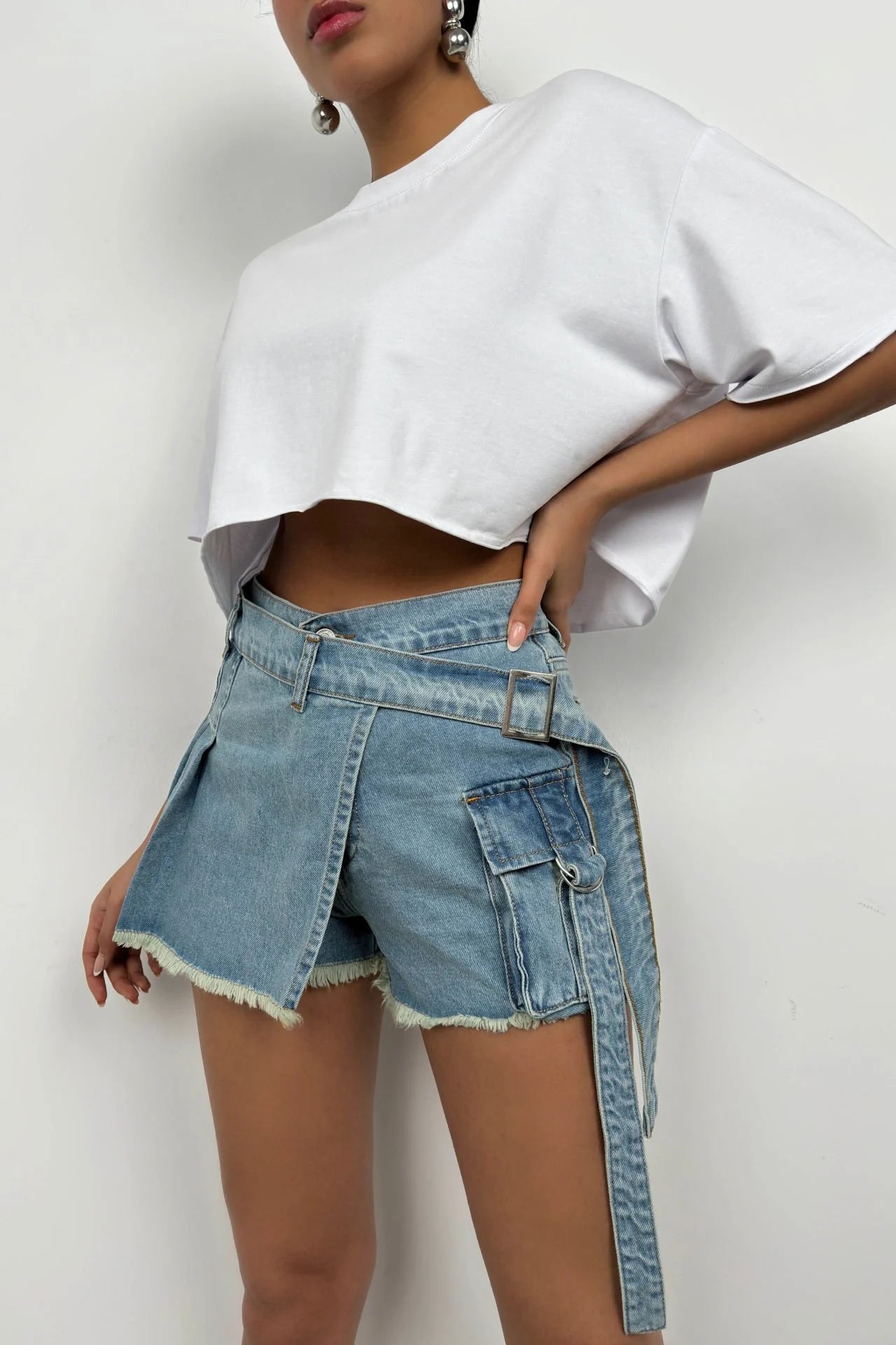 Cargo Pocket, Belt Detail, Blue Denim Shorts Skirt