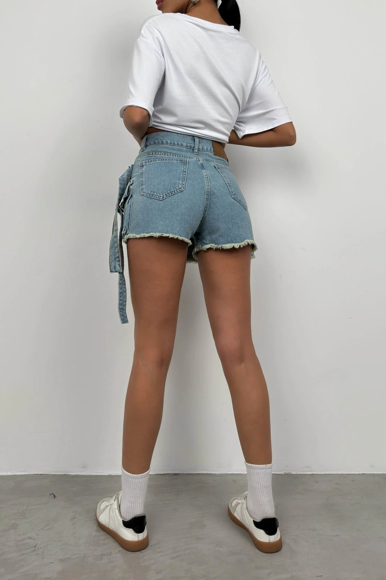 Cargo Pocket, Belt Detail, Blue Denim Shorts Skirt