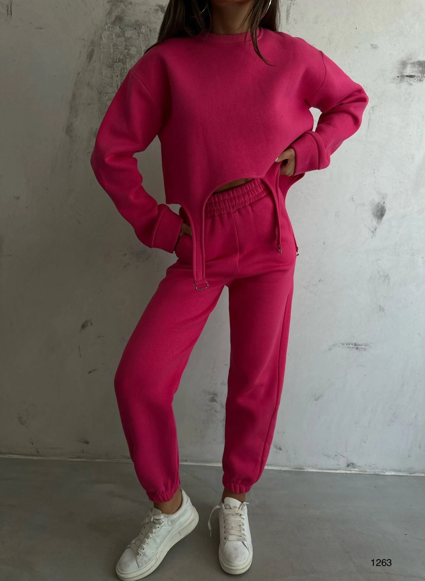 Oval Cut Fuchsia Sweatshirt and Sweatpants Set