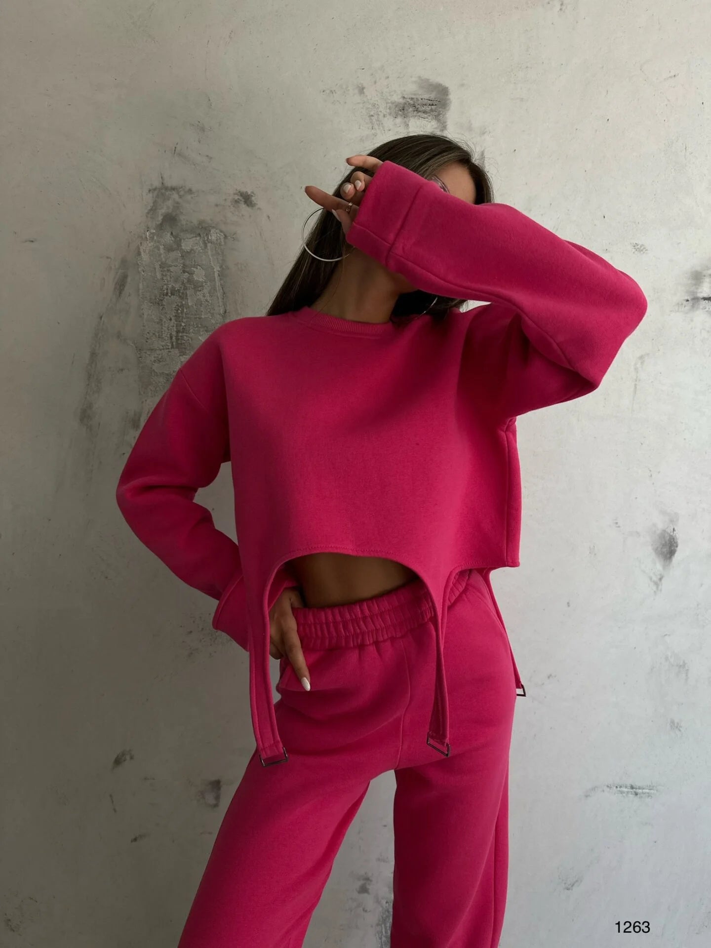 Oval Cut Fuchsia Sweatshirt and Sweatpants Set