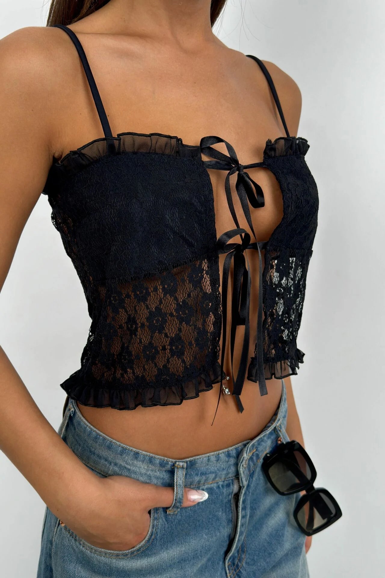 Lace-up Detail Black Crop Top