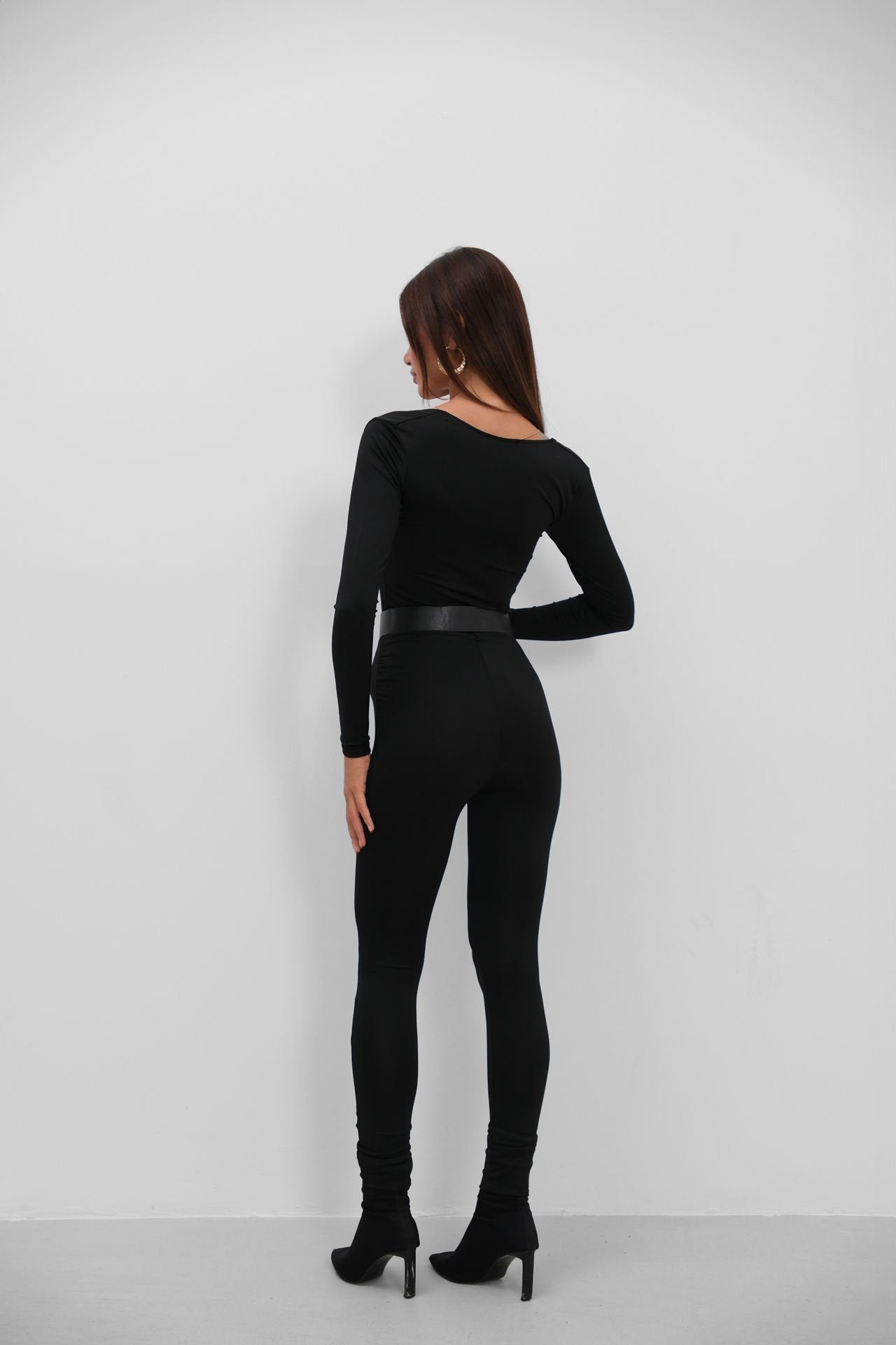 Chest Detail, Long-Sleeve, Draped Black Jumpsuit