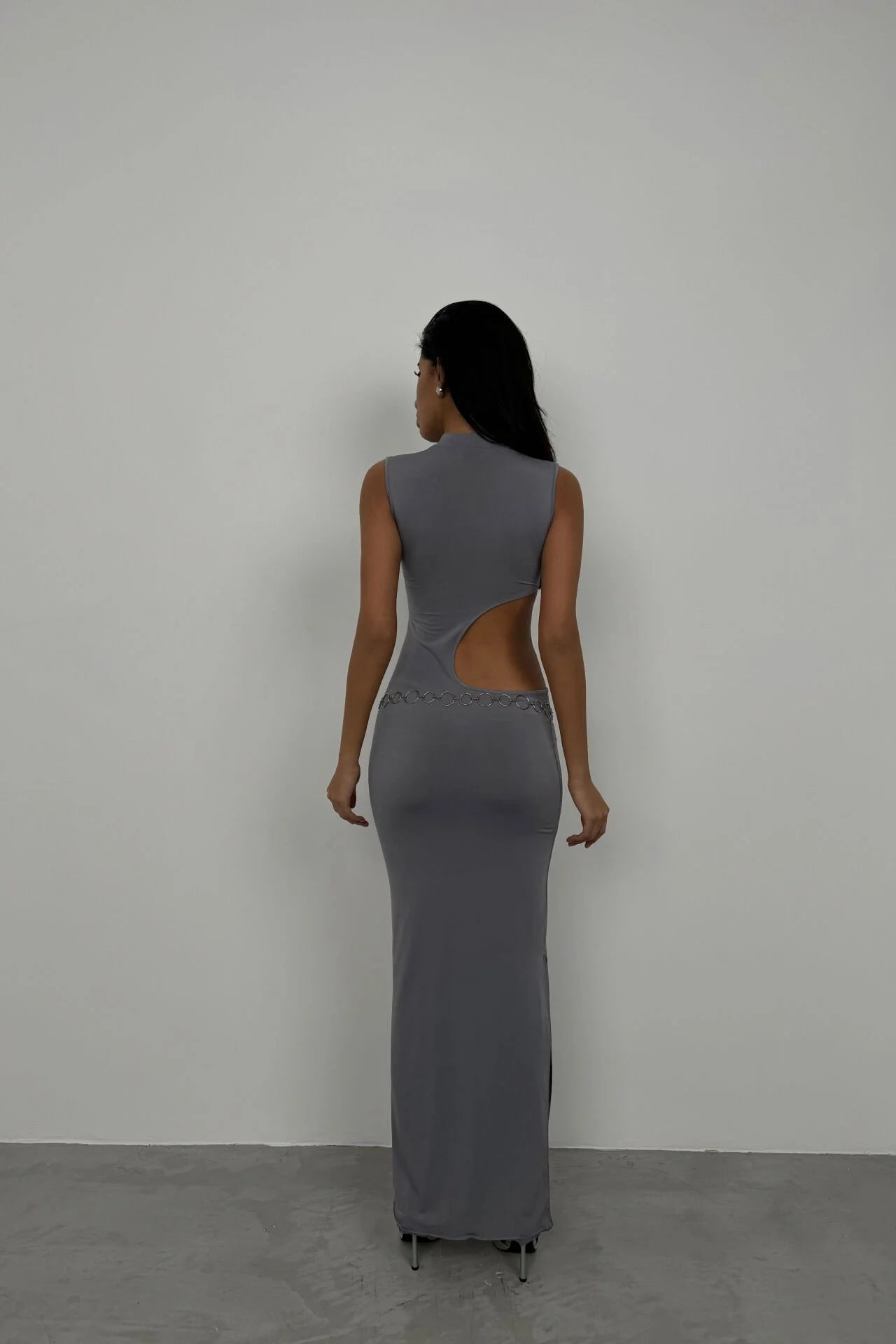 Asymmetric Waist-Belted Grey Maxi Dress